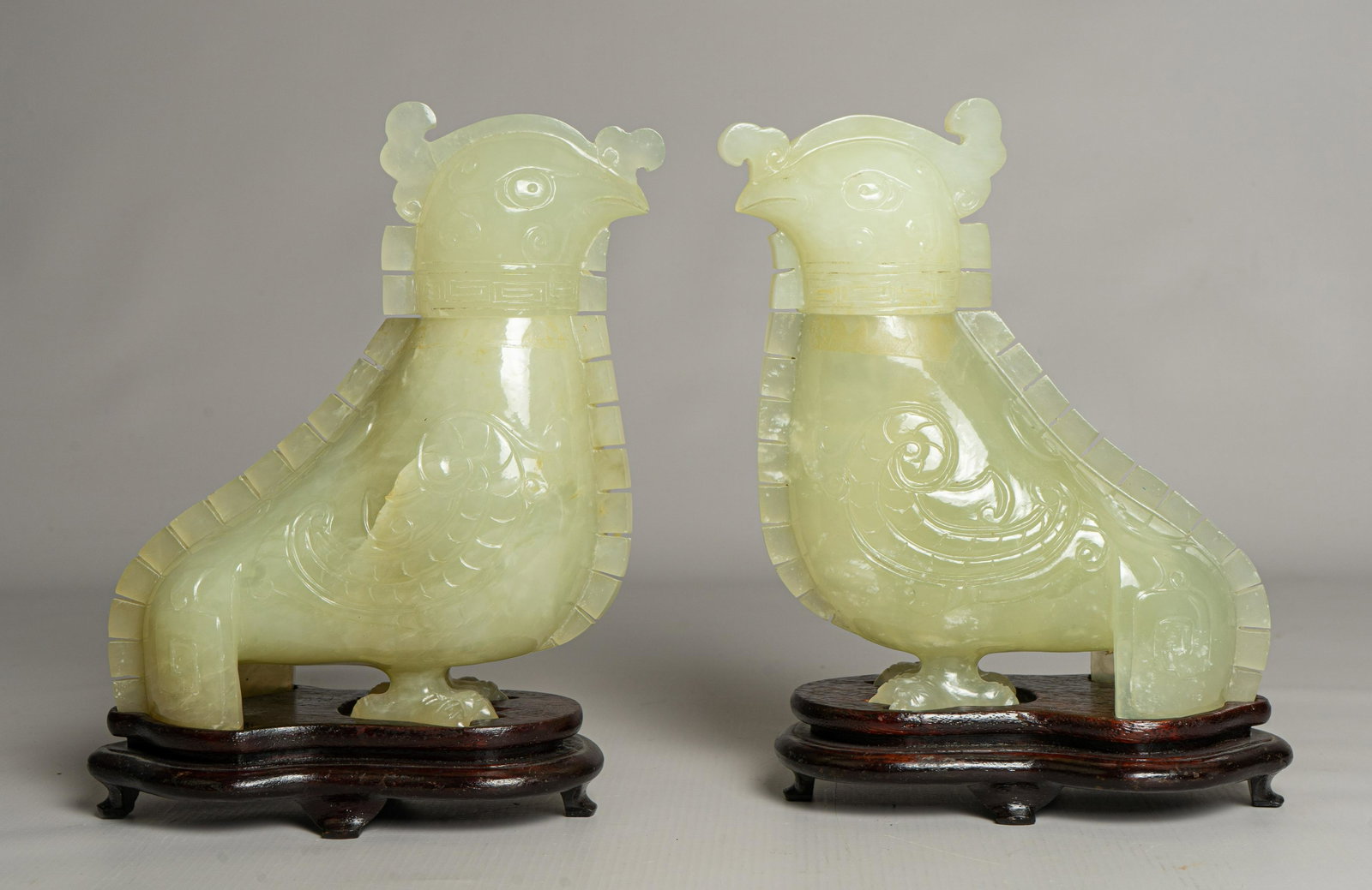 Pr Chinese Carved Hardstone Bird Form Boxes: Pr of Chinese carved hardstone bird form covered boxes w/custom stand, 8-1/2" h