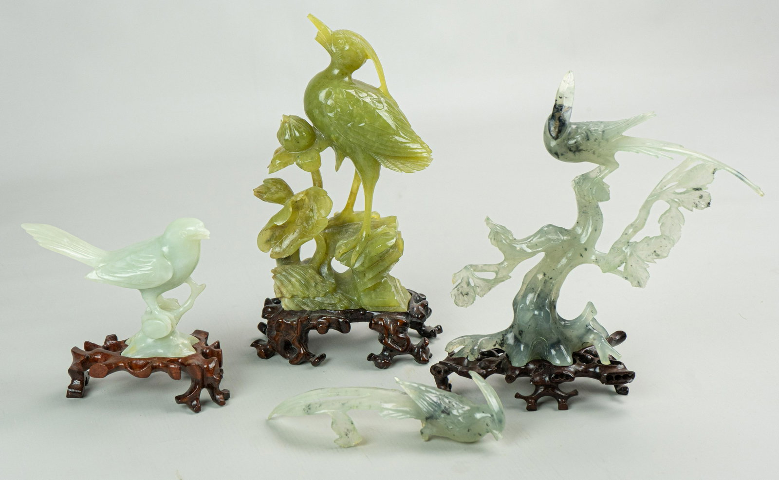 (3) Chinese Carved Hardstone Bird Groups: (3) Chinese carved hardstone figural bird groups and custom stands, all with damage, largest 10" h