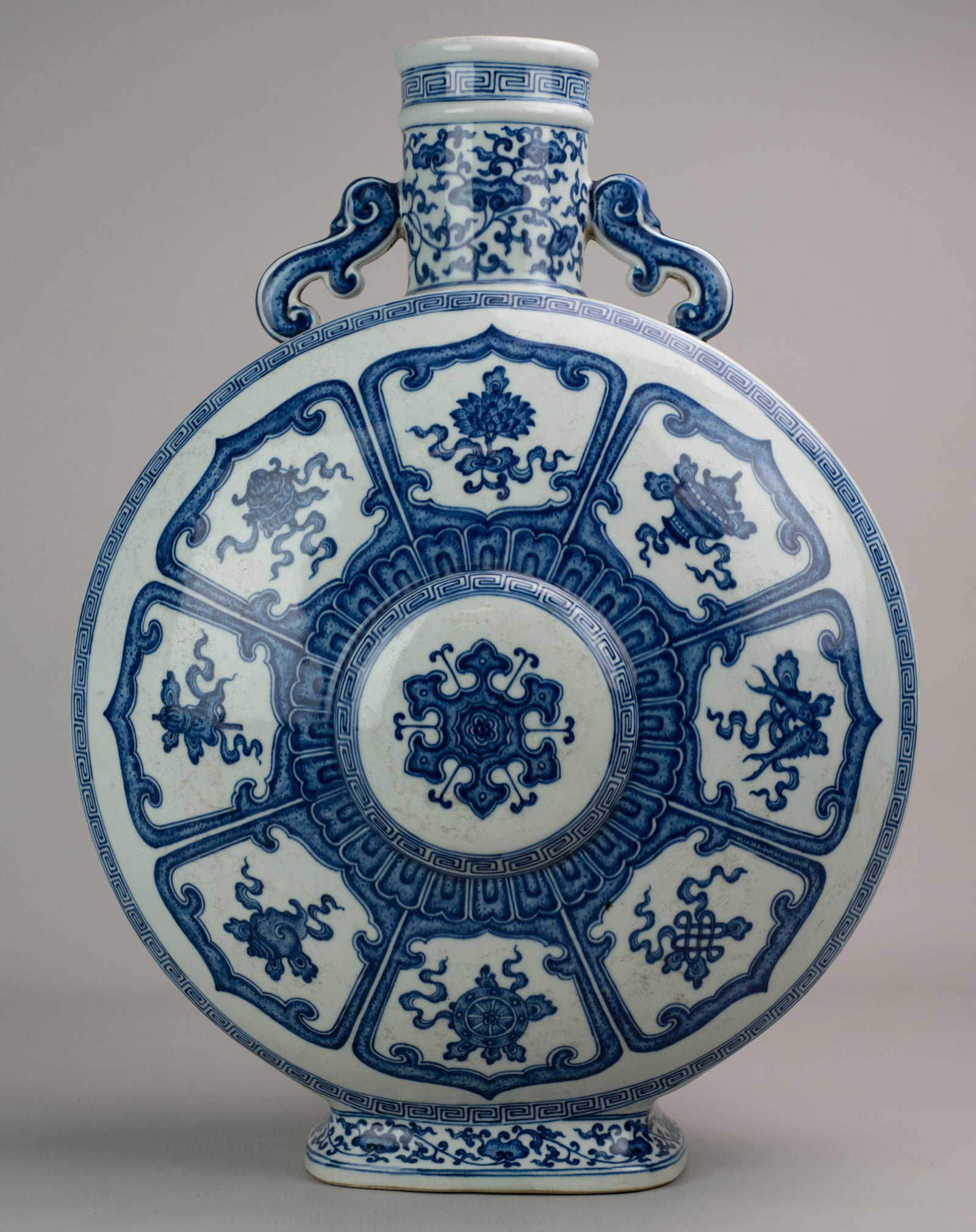 Chinese Blue & White Moon Flask: Chinese blue & white moon flask w/Buddhist emblems, seal mark to base, 20" h