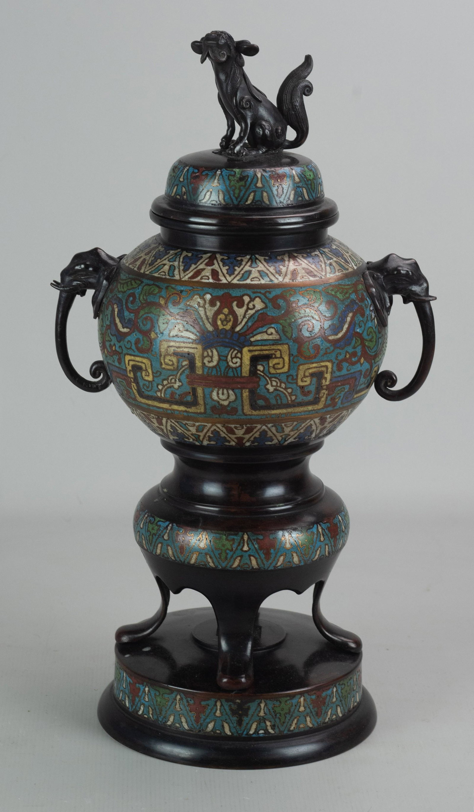 Bronze Japanese Champleve Censer on Stand: Bronze Japanese champleve censer on stand including double elephant form handles, raised foot and foo dog finial, 18-2/3" h, no flaw
