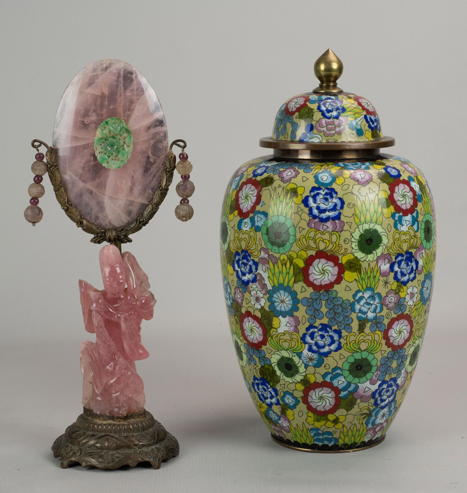 Chinese Rose Quartz Guan Yin Lamp and Vessel: Chinese rose quartz Guan Yin lamp and vessel c/o rose quartz Guan Yin mounted on brass foot with rose quartz and hard stone fitted shade and quartz beads at sides, 13-1/2", hairline through shade, dam