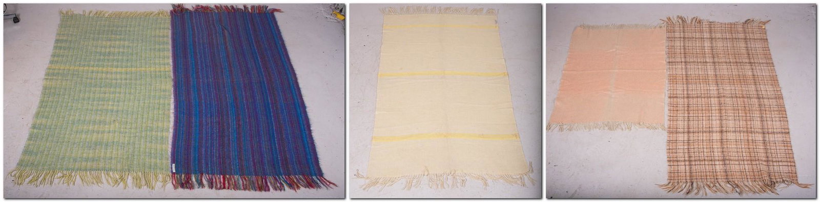(5) Nantucket Looms Mohair Throw Blankets: (5) Nantucket Looms mohair throws in yellow 45" x 68", peach, 44" x 52", golden plaid, 46" x 80", green plaid, 45" x 72" and candy stripe, 45" x 80" all with fringe at ends.