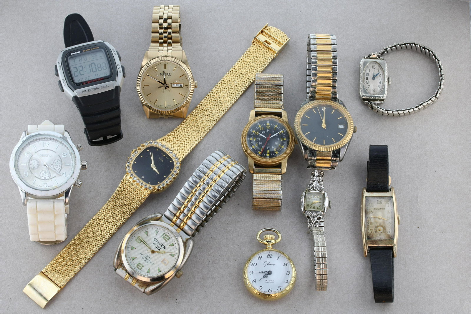 Mixed Lot of Watches: Mixed lot of watches C/O; (7) fashion watches, (3) Vintage Watches Elgin, Helbros,Bulova and (1) modern pocket watch