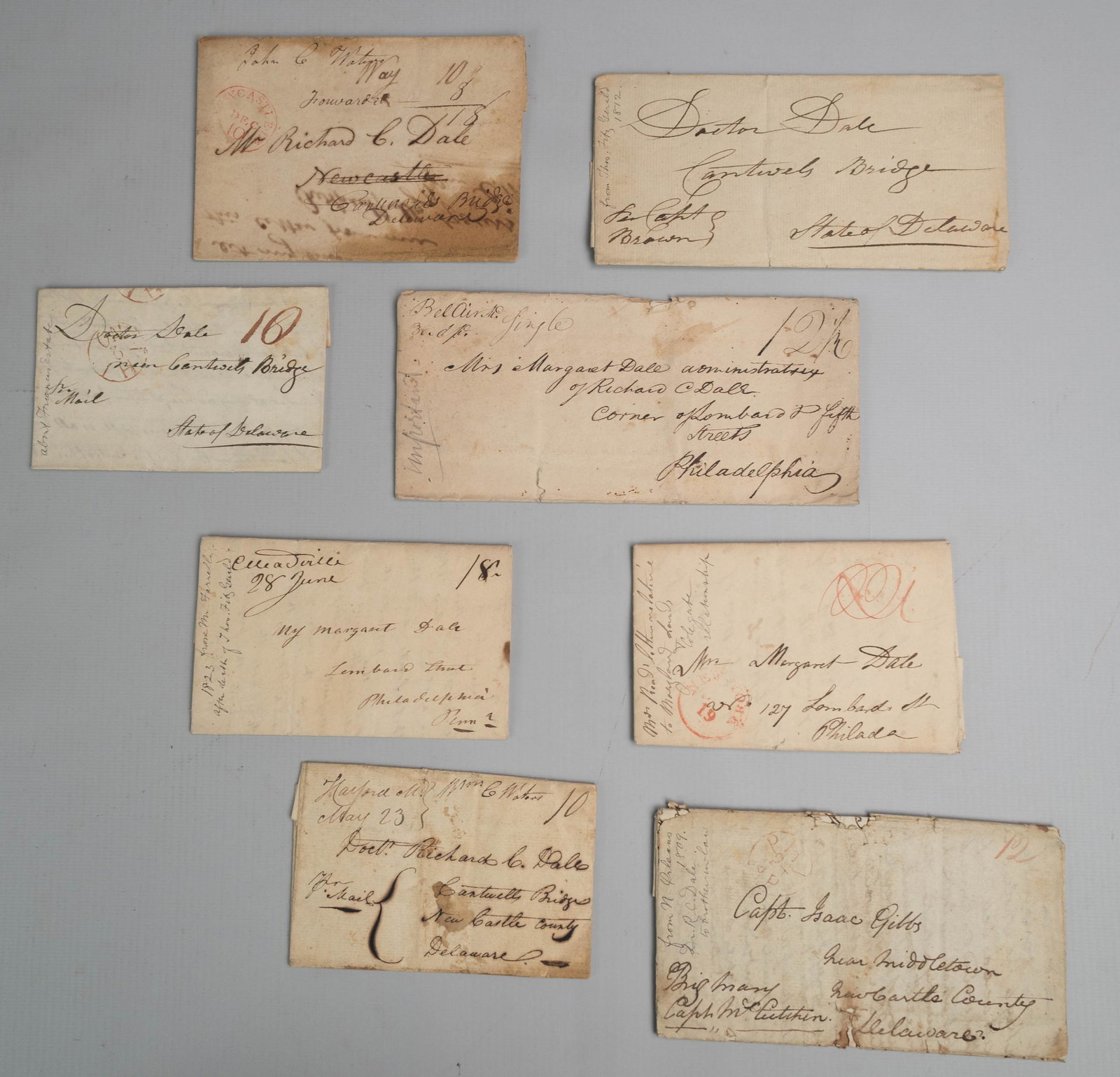 (8) Antique Stampless Folded Letters, Manuscript Post: (8) Antique Stampless Folded Letters, Manuscript Post Marks, Late 18th Early 19th Century, pertaining to Richard C. Dale and the Dale Family of Cantwell's Bridge (Odessa) Delaware. Letters are stamped