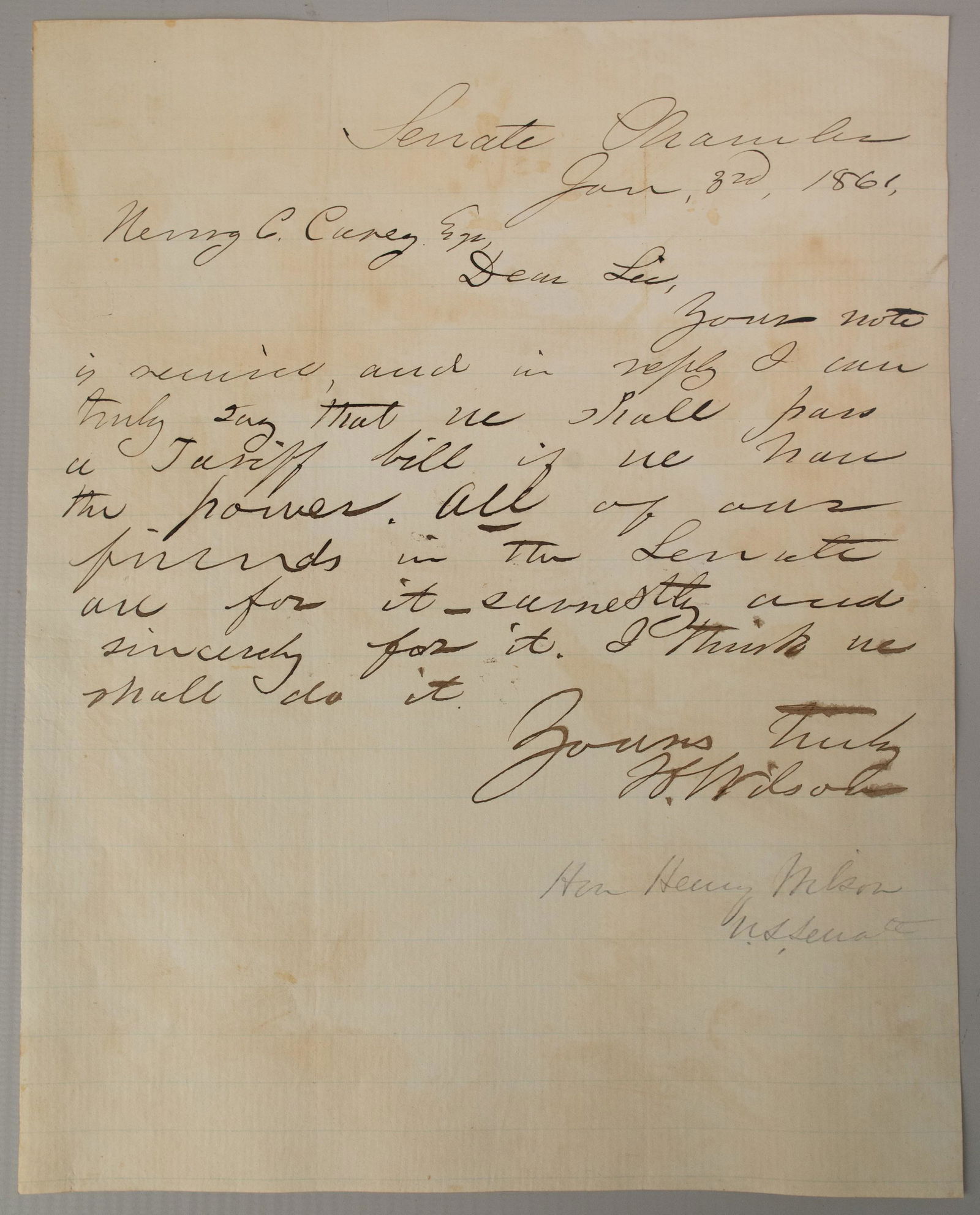 Henry Wilson signed Letter to Henry Charles Carey 1861: Former Vice President and Senator Henry Wilson (1812-1875) Manuscript Letter to Henry Charles Carey (1793 - 1879), the leading 19th-century economist of the American School of capitalism, and chief ec