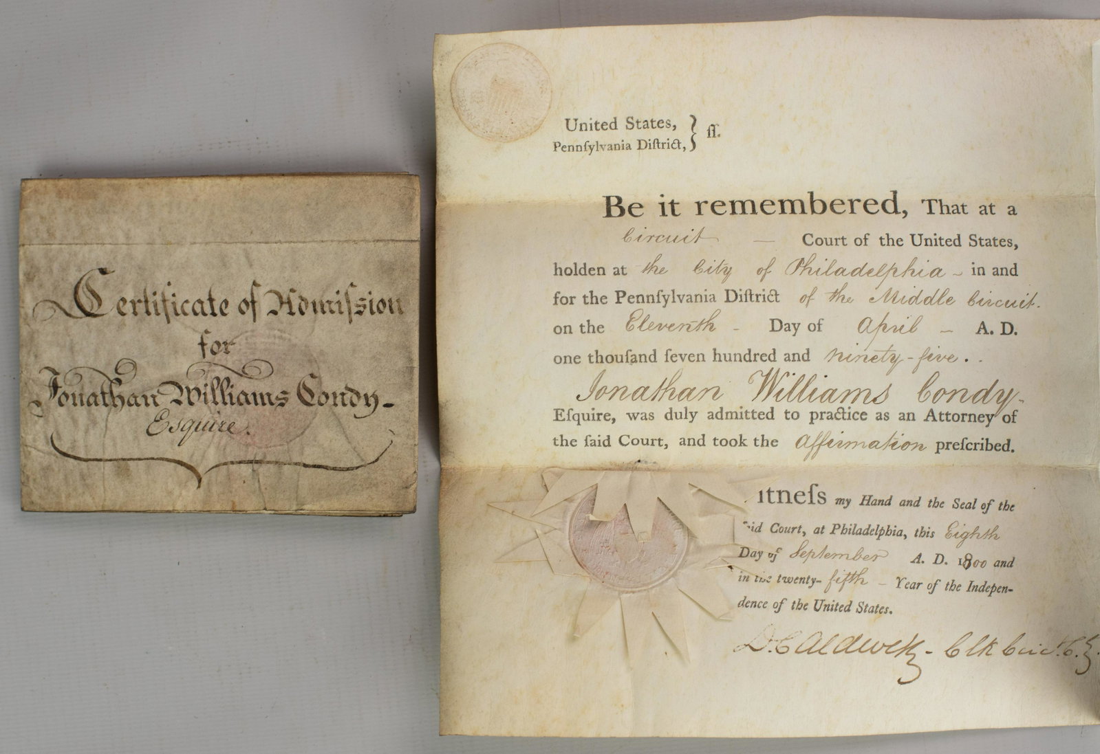 1795 Charles Biddle signed, Jonathan Williams Condy: Printed and written on vellum, these original documents follow the career of Jonathan Williams Condy (1770 - 1828) - (depicted here as the Clerk in Philadelphia - https://libwww.freelibrary.org/digita