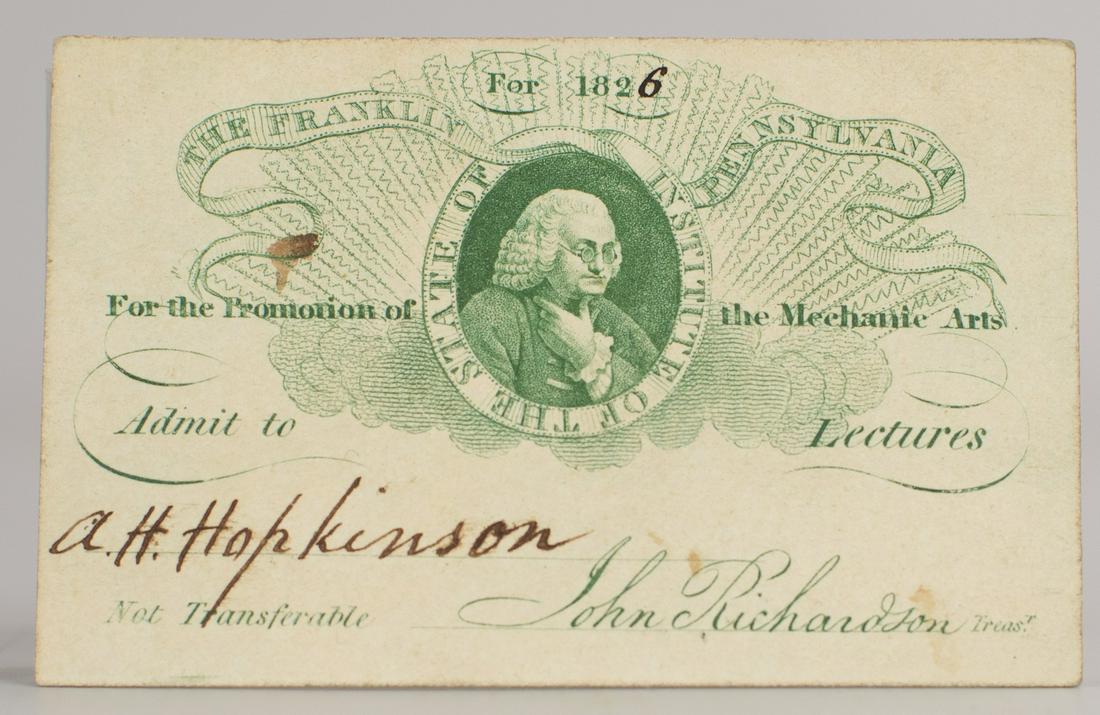 Franklin Institute 1826 "Admit to Lectures" Peale,: This rare and curious all-access pass and provides further history of the Hopkinson family but also intertwines with the Peale family. Alexander Hamilton Hopkinson (1804 - 1827), one of the many sons 
