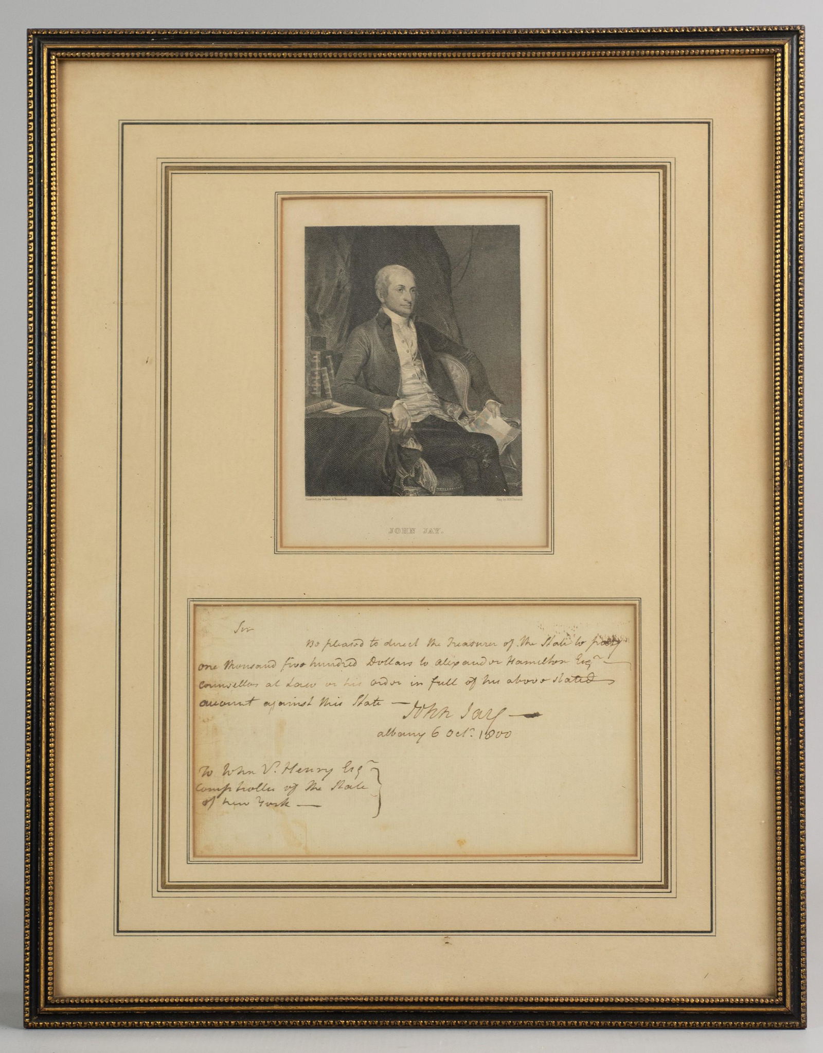 Als, John Jay, direction payment to Alexander Hamilton: Signed letter by John Jay (1745 - 1829), American statesman, diplomat, among the Founding Fathers of the United States, abolitionist, negotiator and signatory of the Treaty of Paris of 1783, second Go