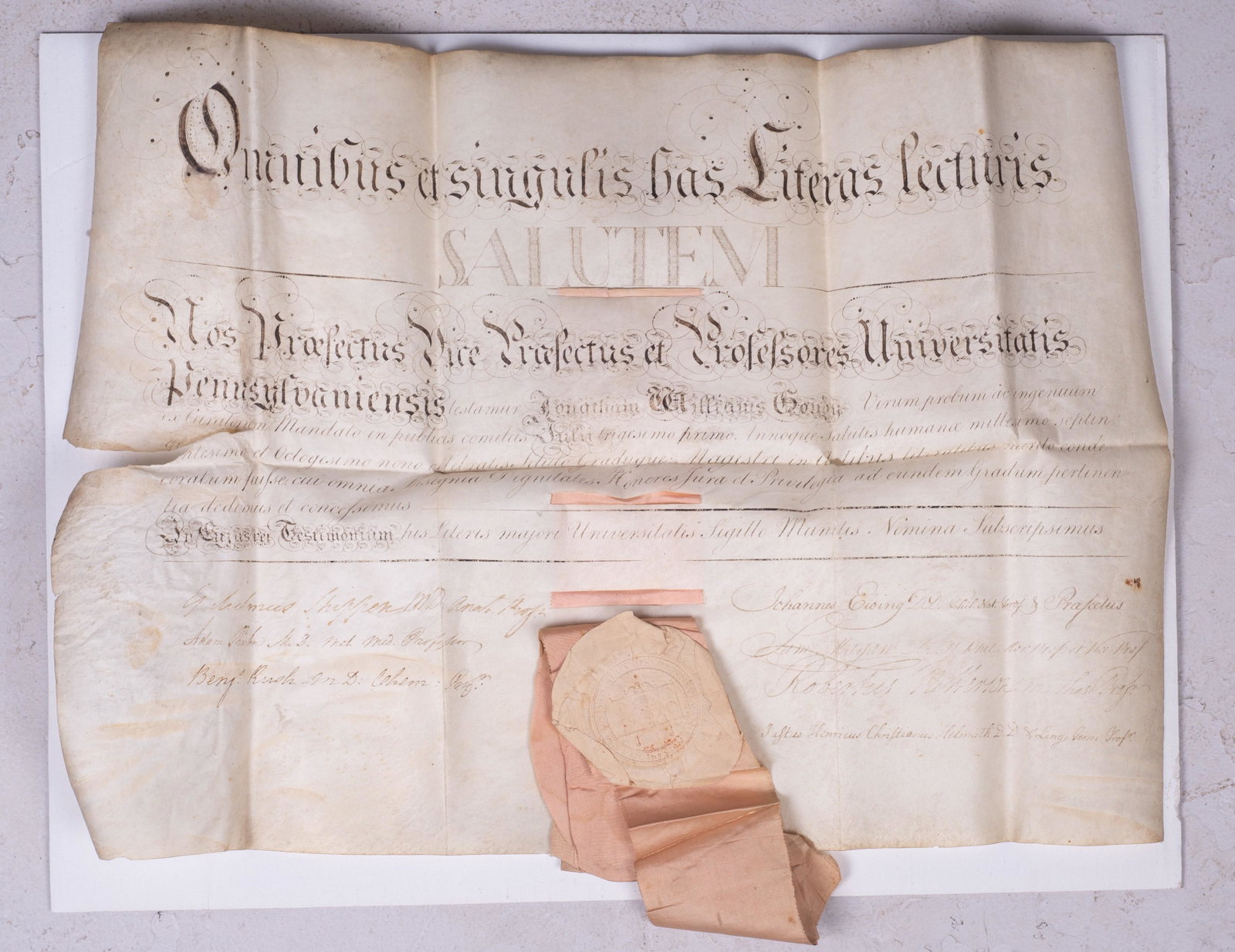 Benjamin Rush, signed University of Pennsylvania: Benjamin Rush, signed University of Pennsylvania Diploma, 1789, Written in Latin on vellum, this document from 1789 was awarded to Jonathan Williams Condy (1770 - 1828) and signed by Benjamin Rush (17