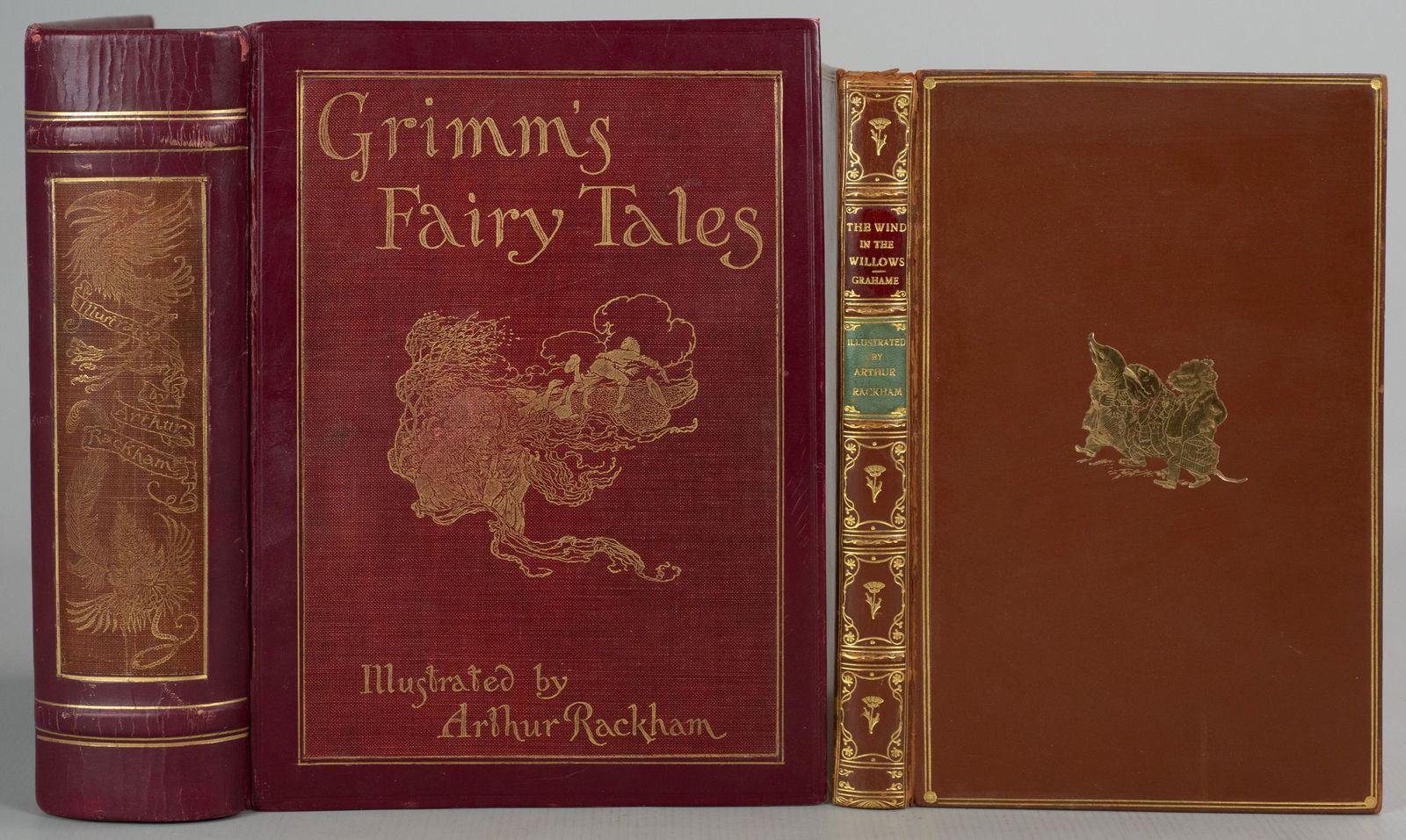 (2) Arthur Rackham, "Grimm's Fairy Tales", "Wind in the: (2) Books illustrated by Arthur Rackham, including ----- Kenneth Grahame "The Wind in the Willows" illustrated by Arthur Rackham (Methuen, London 1956); original full calf binding with decorative gilt