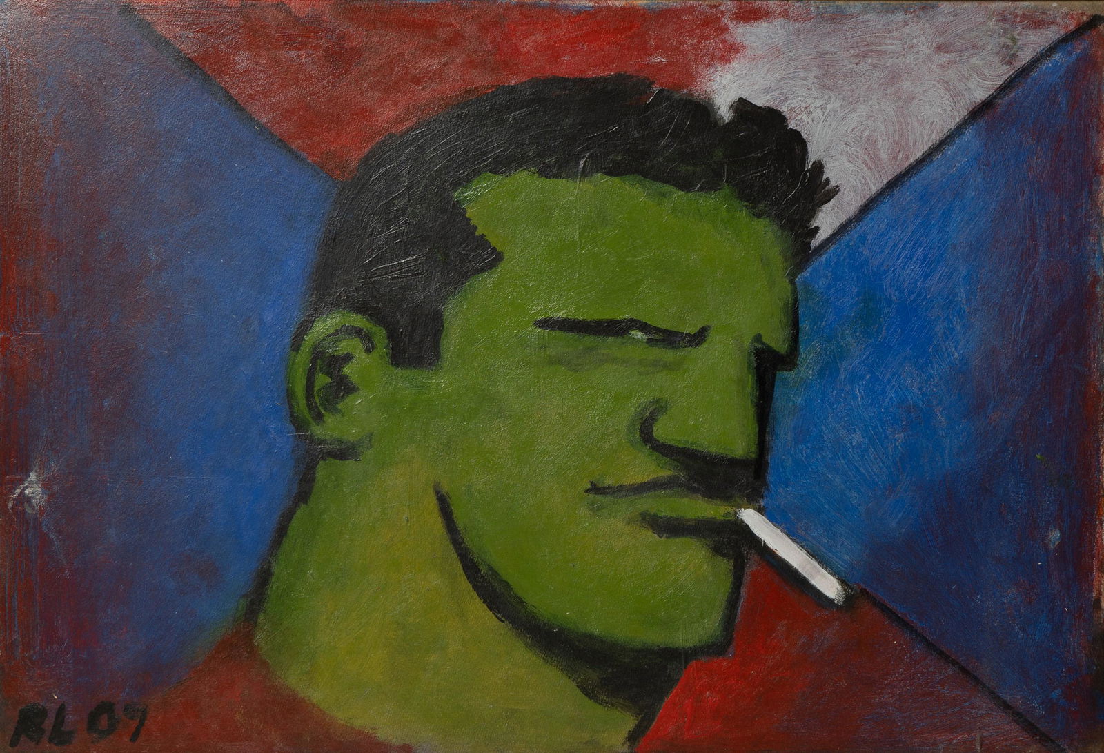 Robert Loughlin Painting "Coney Island Fun": Robert Loughlin (American, 1949-2011), painting "Coney Island Fun", portrait of The Brute with green face, oil on masonite, signed 'R L '07", signed and titled on reverse, 18-1/2" x 27", framed 24" x