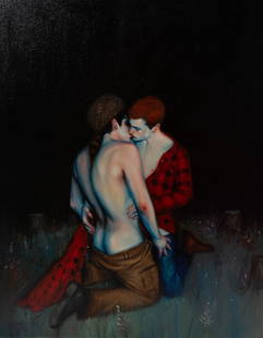 Kris Knight Painting "Leave No Trunk Uncut": Kris Knight (Canadian, b 1980) painting "Leave No Trunk Uncut", depicting 2 male lovers, 2008, oil on canvas, signed "Kris Knight" on back, exhibited in the show "Sexy Time: A Group Effort" at Morgan