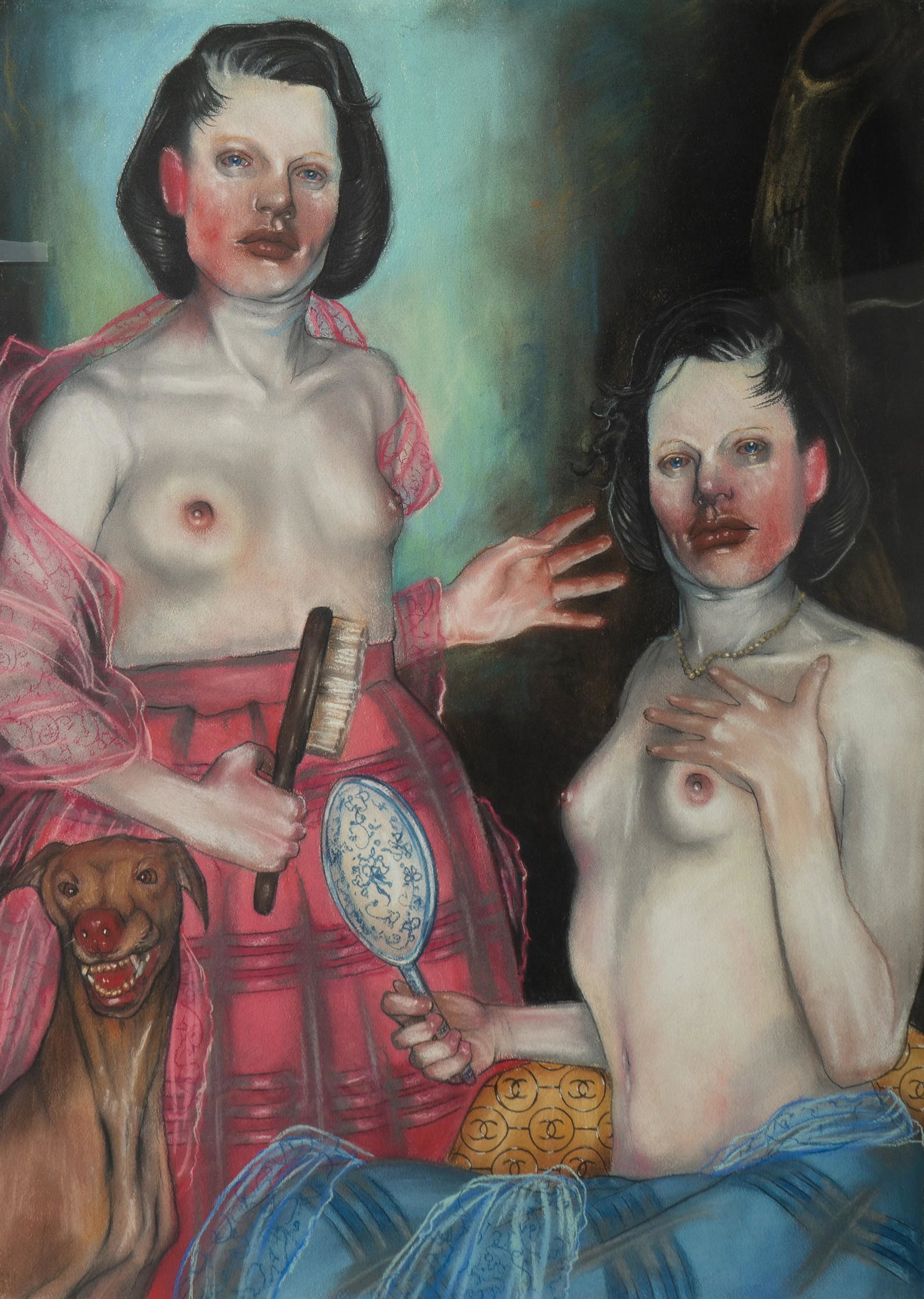 Barnaby Whitfield "Oh No, My Darling! Do Let Me": Barnaby Whitfield (American, b 1972) "Oh No, My Darling! Do Let Me", depicting 2 female nudes, 2004, pastel on paper, no visible signature, 27-1/2" x 20-1/4" sheet, framed 30-5/8" x 20-3/8", very good