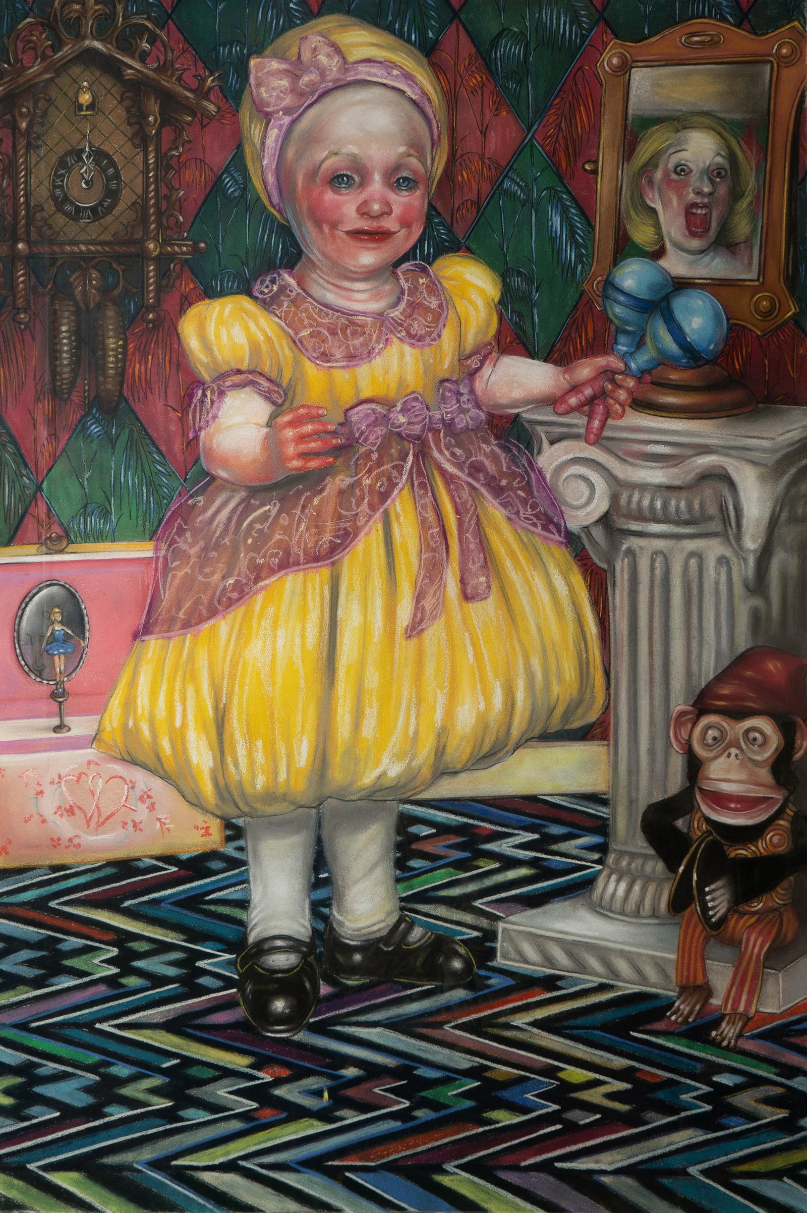 Barnaby Whitfield Painting "The Deaf Girl": Barnaby Whitfield (American, b 1972) painting "The Deaf Girl", depicting a young girl with toys pastel on paper, no visible signature, 40-1/2" x 27-1/2" sheet, framed 44-1/2" x 31-1/2", very good cond