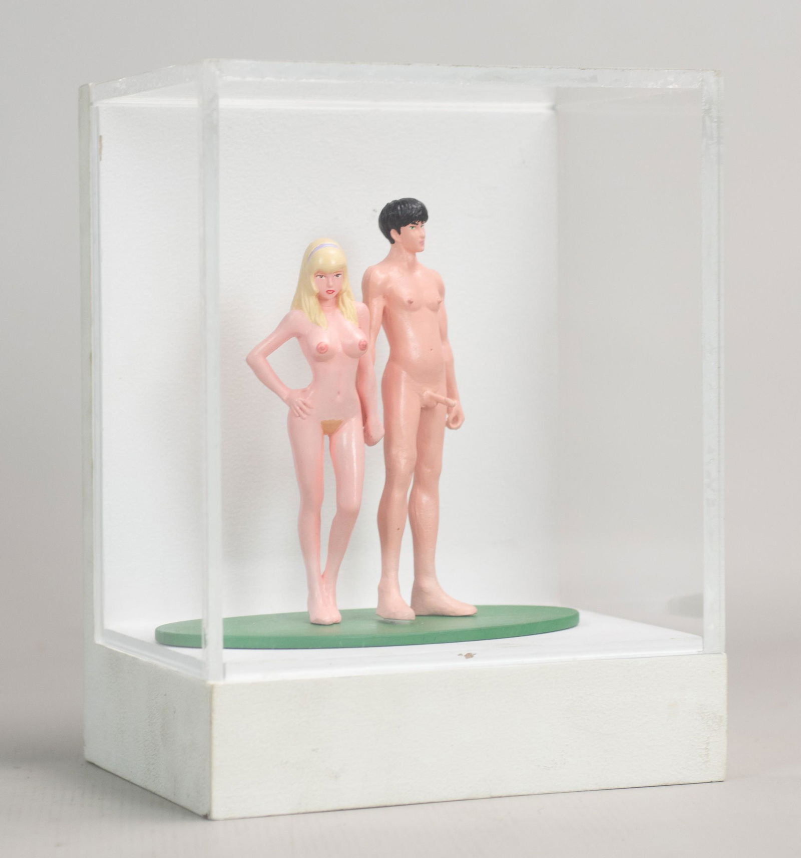 Artist Unknown Figural Sculpture "Adam & Eve": Artist unknown figural sculpture "Adam & Eve", hand painted polymer figures in plexiglass and wood case, unsigned, figures measure 5-1/4", case measures 8-5/8" x 6-1/2" x 5", good condition