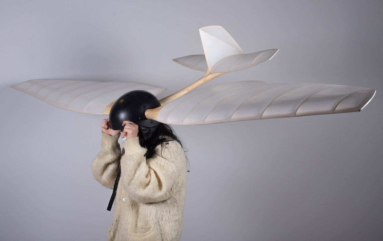 Paul Villinski Sculpture "Aerodyne": Paul Villinski (American, b 1960) sculpture "Aerodyne", 2005, fabric, wood, steel and helmet, unsigned, purchased Morgan Lehman Gallery NY, 36" x 119" x 12", good condition