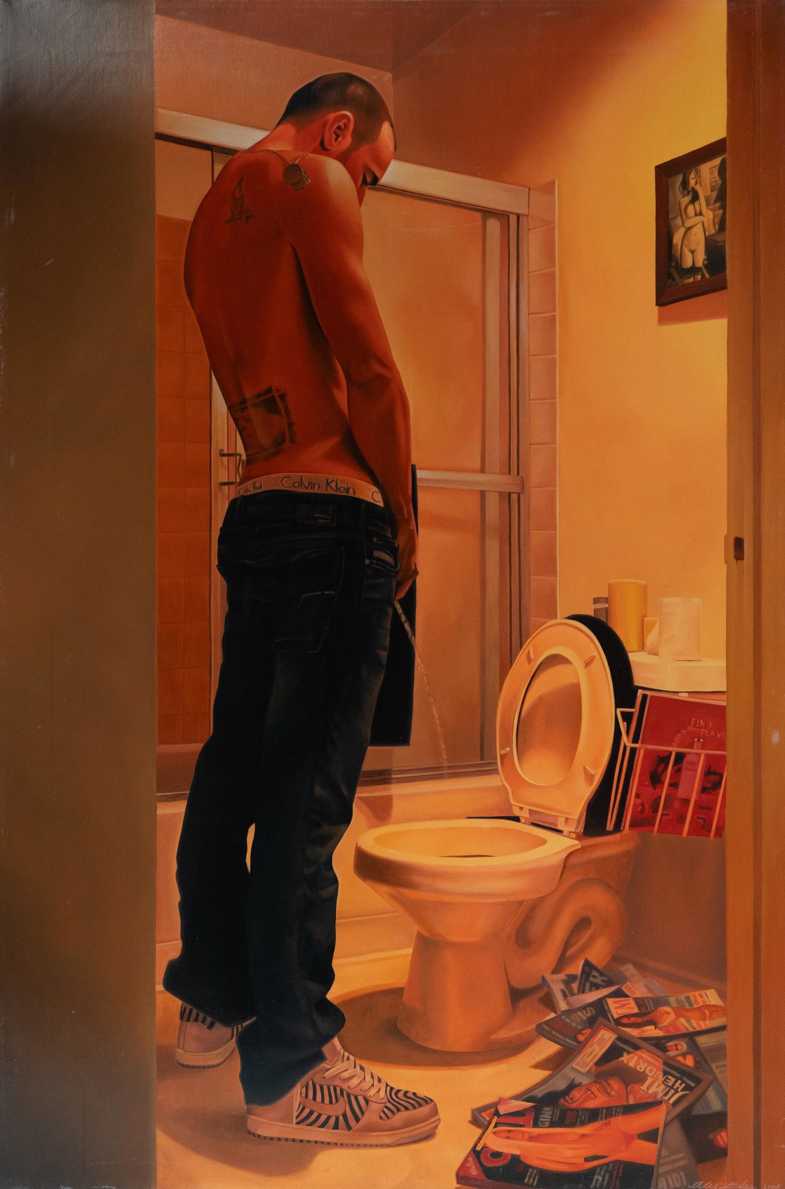 Alex Blas Photorealist Painting: Alex Blas (American, b 1978) Photorealist painting depicting a young man using the bathroom, oil on canvas, signed "Alex Blas 2006", 36" x 24", very good condition