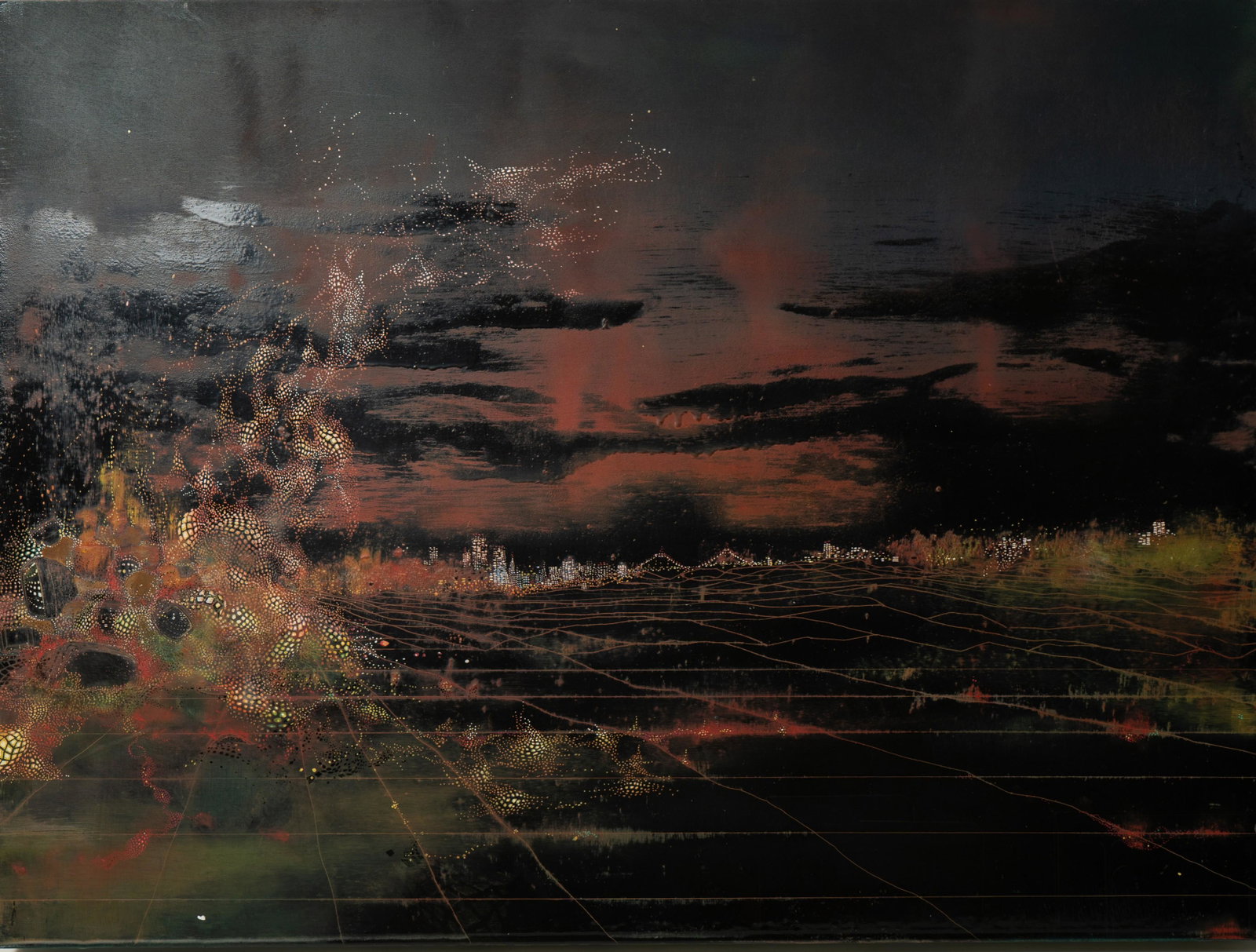 Jon Elliot Surrealist Painting "Phantasm II": Jon Elliot (American, b 1974) Surrealist painting "Phantasm II", depicting a cityscape, oil, polymer and enamel on wood panel, unsigned, 24" x 32", very good condition
