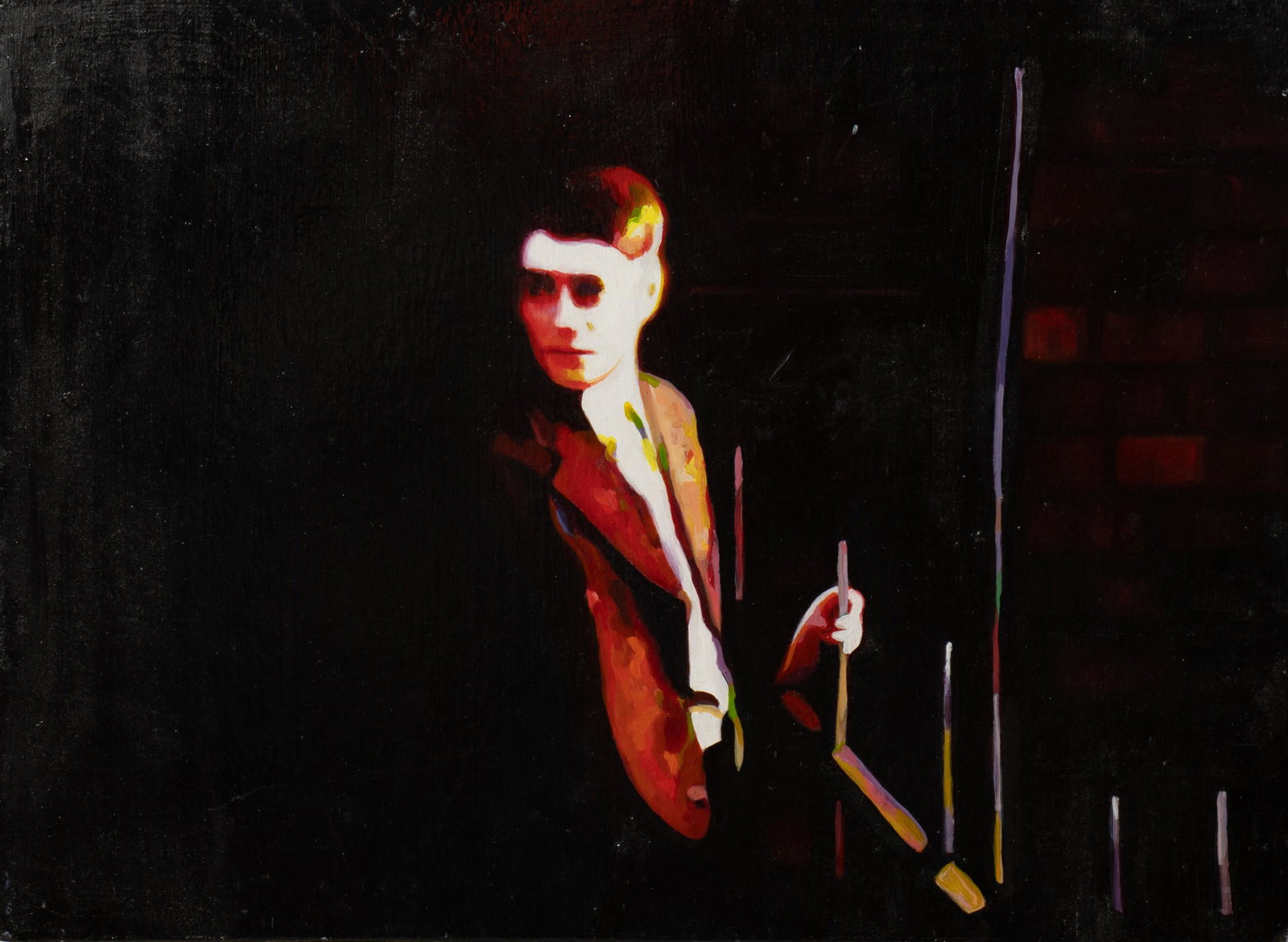Richard Cuerden Painting "On Cue": Richard Cuerden (British, b 1963) painting "On Cue", depicting a young man with a pool cue, oil on board, signed on reverse "Richard Cuerden 2003", 8-5/8" x 11-3/4", very good condition