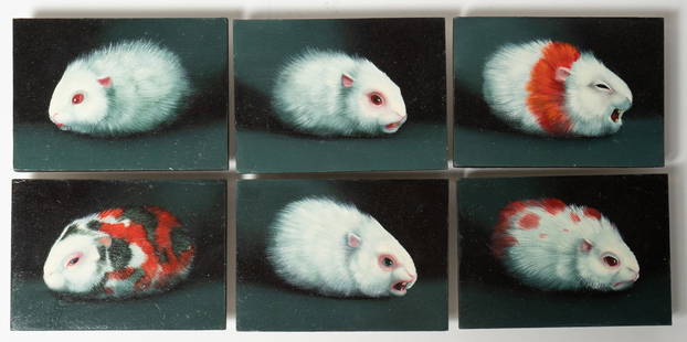 Laurie Hogin (6) Paintings "Gerbil Squares": Laurie Hogin (American, b 1983), (6) paintings "Gerbil Squares", 2008, depicting lab gerbils reacting to various injected drugs, acrylic on masonite, each signed "L. Hogin", each 2-7/8" x 4-1/16", ver