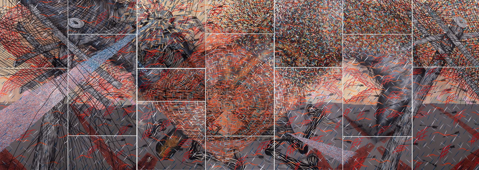 Andrew Schoultz Painting "War in Motion": Andrew Schoultz (American, b 1975) "War in Motion While Systems Intensify, In Chaos We Become", 2008, acrylic on wood panels, label on reverse from Morgan Lehman Gallery, NY, consists of 18 panels, (5