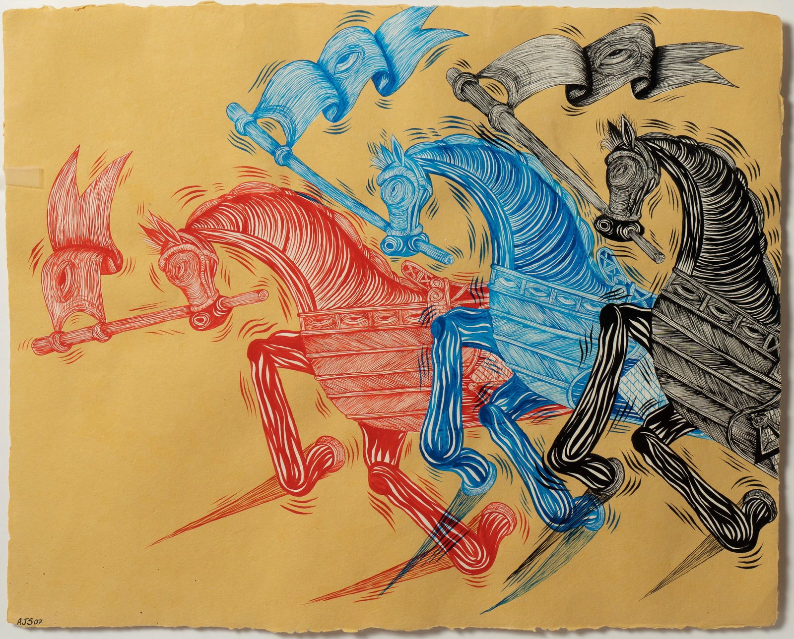 Andrew Schoultz Painting "Horse Transition": Andrew Schoultz (American, b 1975) painting "Horse Transition" 2007, depicting (3) charging horses, mixed media on paper, signed "AJS '07", label on reverse from Roberts & Tilton Gallery Los Angeles,