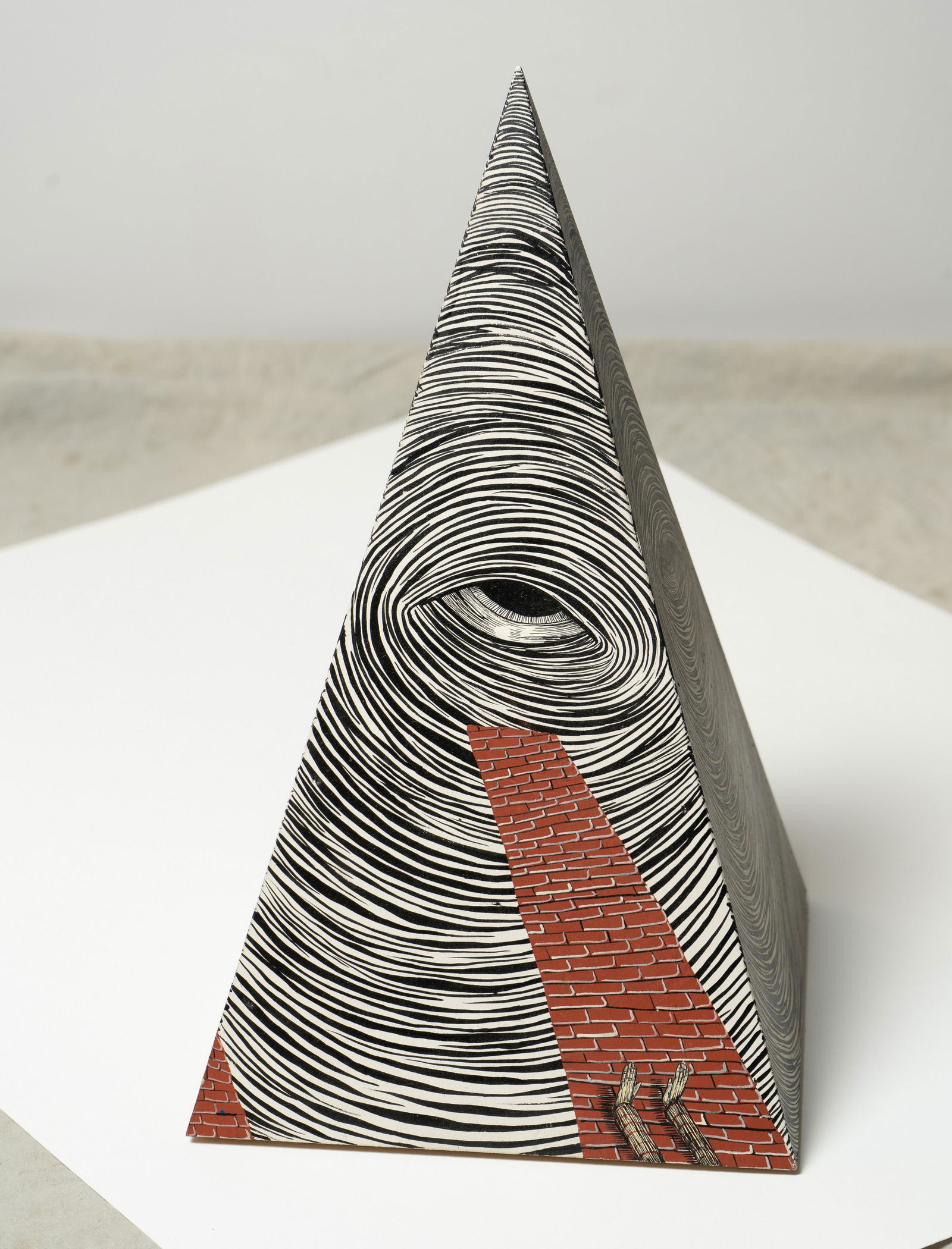 Andrew Schoultz Painting "Horse Transition": Andrew Schoultz (American, b 1975) "Untitled - Small Pyramid", depicting a pyramid with worshipping figure, acrylic on composite board, signed inside "A. Schoultz 2008", label inside from Morgan Lehma