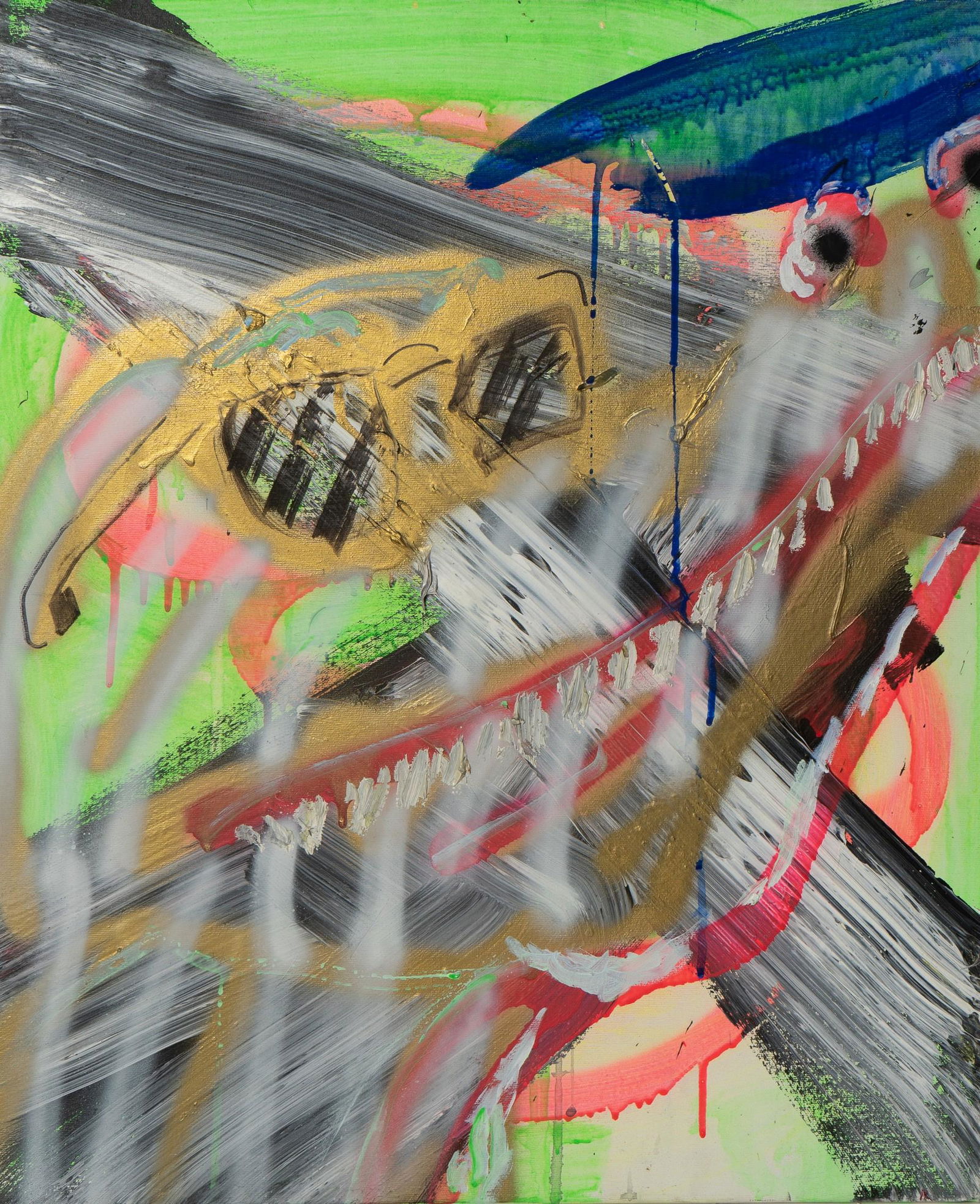 Kim Dorland Abstract "Selfstportrait und der Sonne": Kim Dorland (Canadian, b 1974) Abstract Painting "Selfstportrait und der Sonne", mixed media with impasto oil and spray paint on canvas, signed on reverse "Kim Dorland 2007", 24" x 20", very good cond