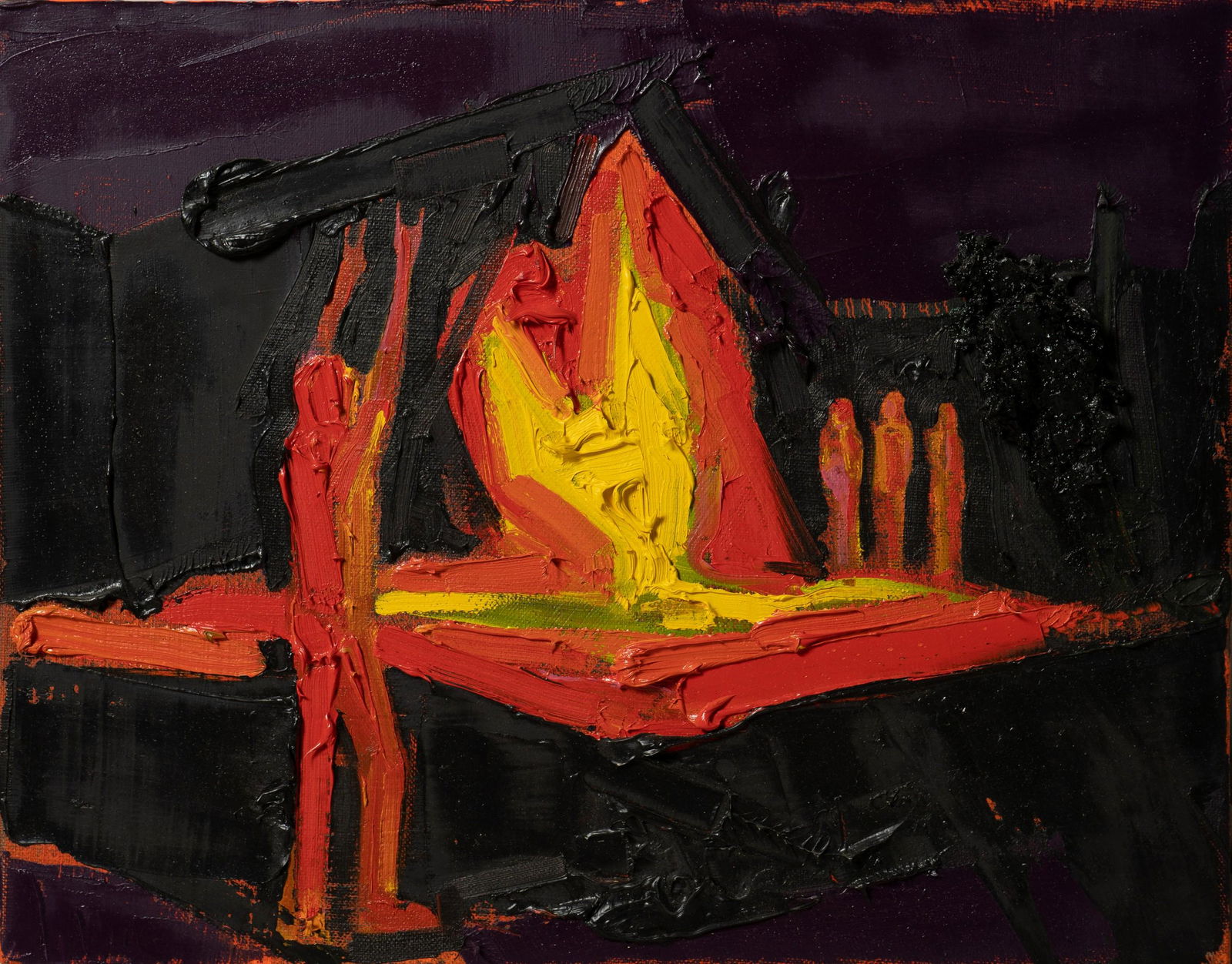 Kim Dorland Abstract Ptg "Shout at the Devil": Kim Dorland (Canadian, b 1974) painting "Shout at the Devil", depicting figures around a bonfire, thick impasto oil on canvas, signed on reverse "K. Dorland 2009", 11" x 14", very good condition