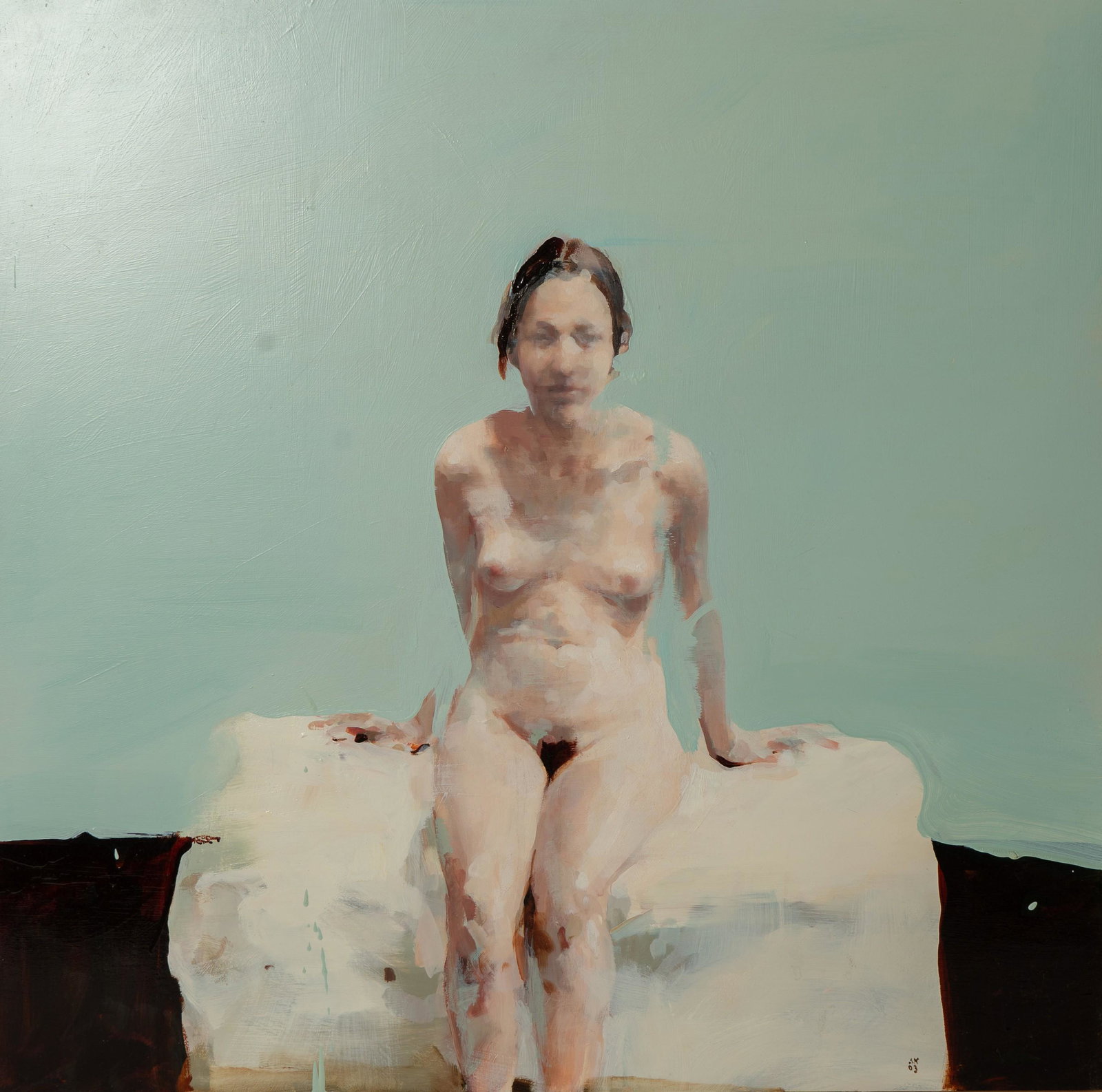 Alex Kanevsky Painting "Seated Female Nude": Alex Kavensky (Russian, b 1963) painting "Seated Female Nude", acrylic on board, signed "AK '03", signed on reverse "A. Kanevsky 2003", label on reverse from "J. Cacciola Gallery NY, very good conditi