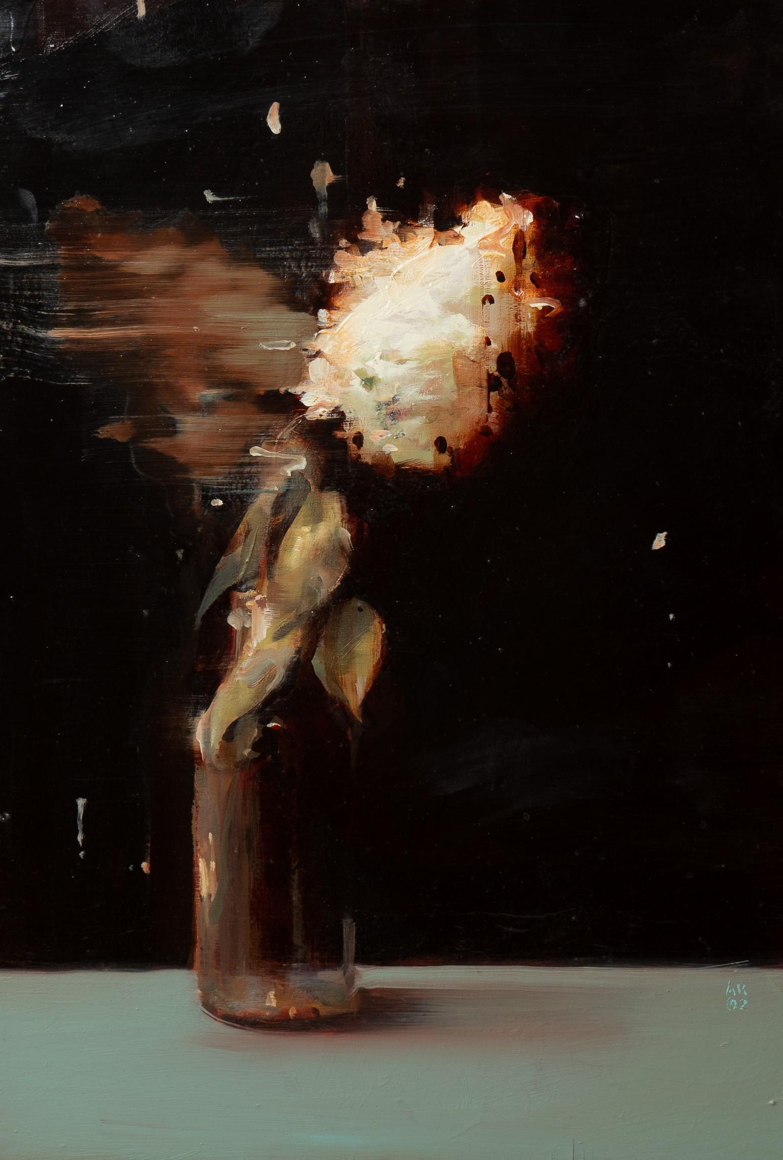 Alex Kanevsky Still Life "Peggi's Flowers": Alex Kanevsky (Russian, b 1963) still life "Peggi's Flowers", depicting a bottle with white flowers being blown by the wind, oil on panel, signed "AK '02", signed "A. Kanevsky 2002" on reverse, purcha