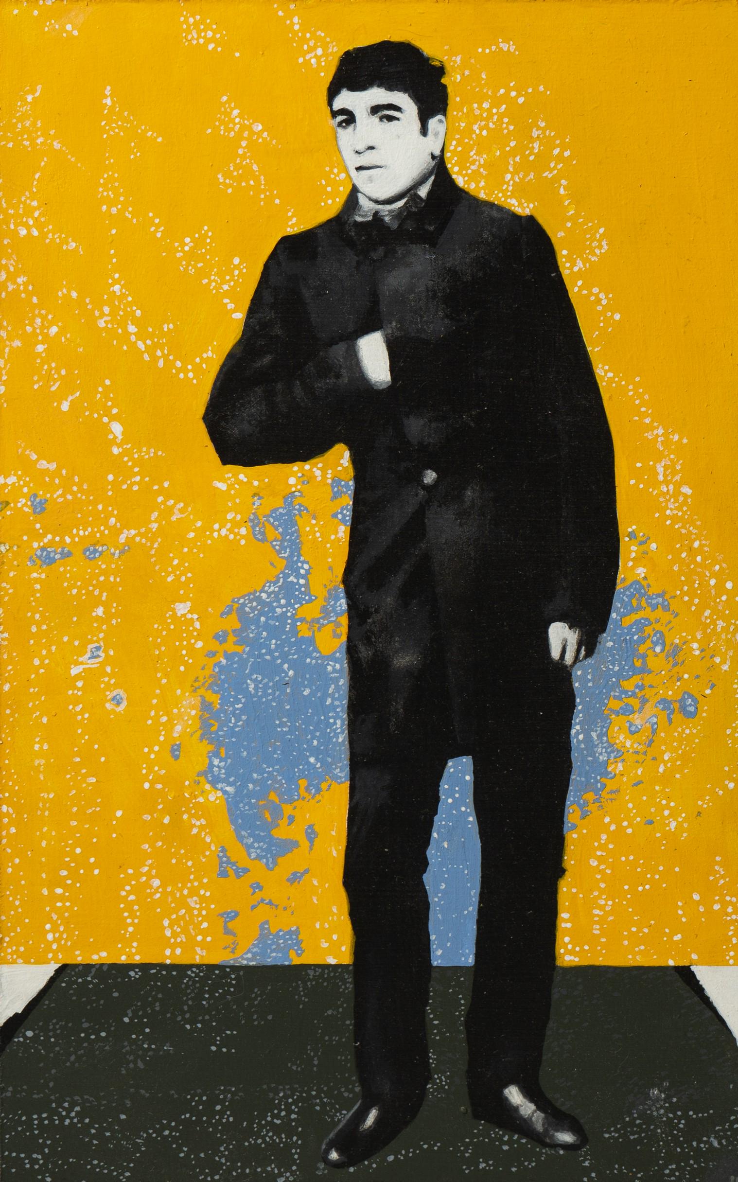 J. Esposito Painting 'Un Mundo Grande": J. Esposito, 21st C painting "Un Mundo Grande" depicting a young man with his hand in his coat, oil on board, signed "J E" lower right, signed on reverse "J. Esposito", 02/2004, framed by Hugo Drucaro
