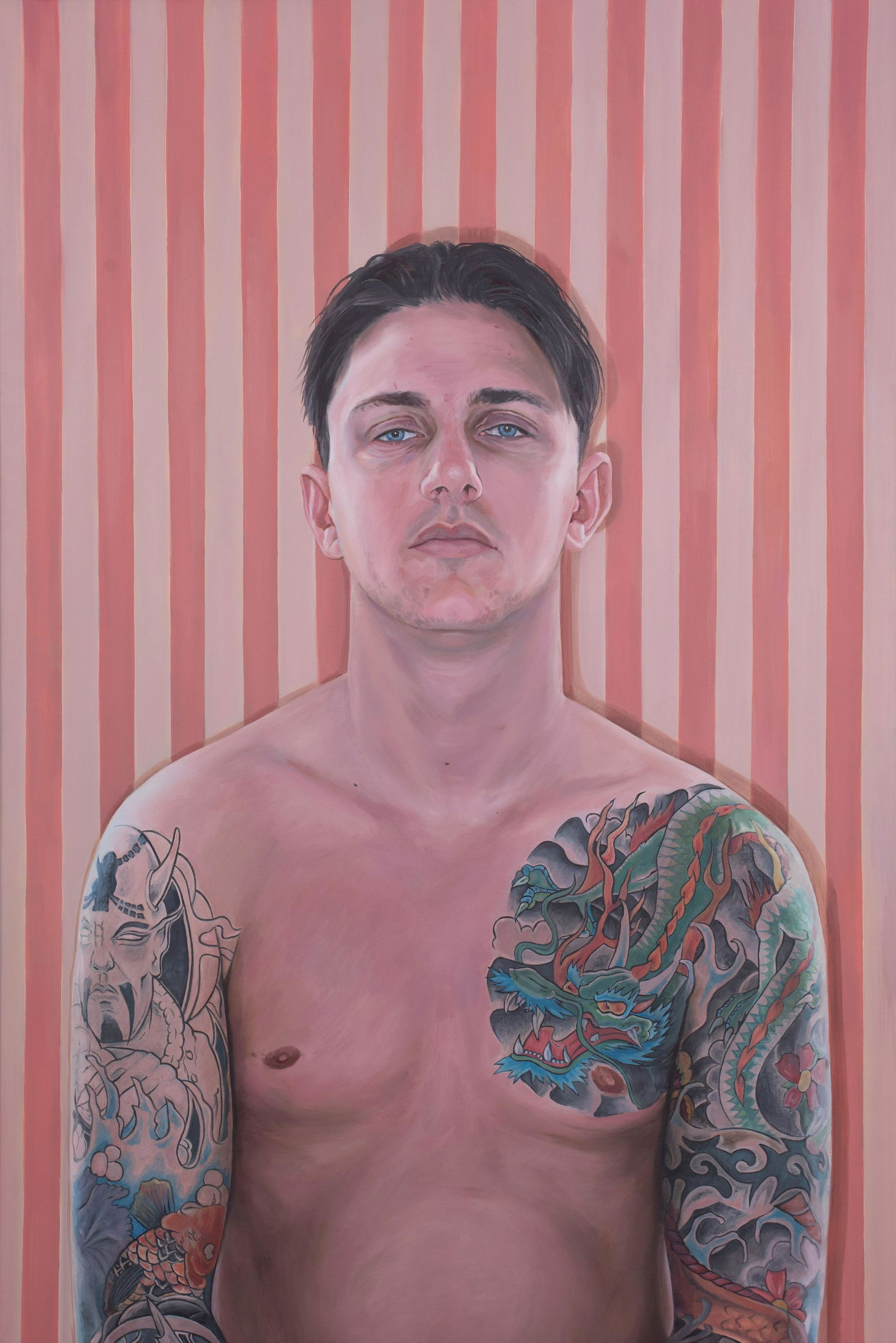 Cindy Wright Painting "Ken": Cindy Wright (Belgian, b 1972) painting "Ken", depicting a young tattooed man, 2003, oil on canvas, signed on back, 65" x 43-1/4", very good condition
