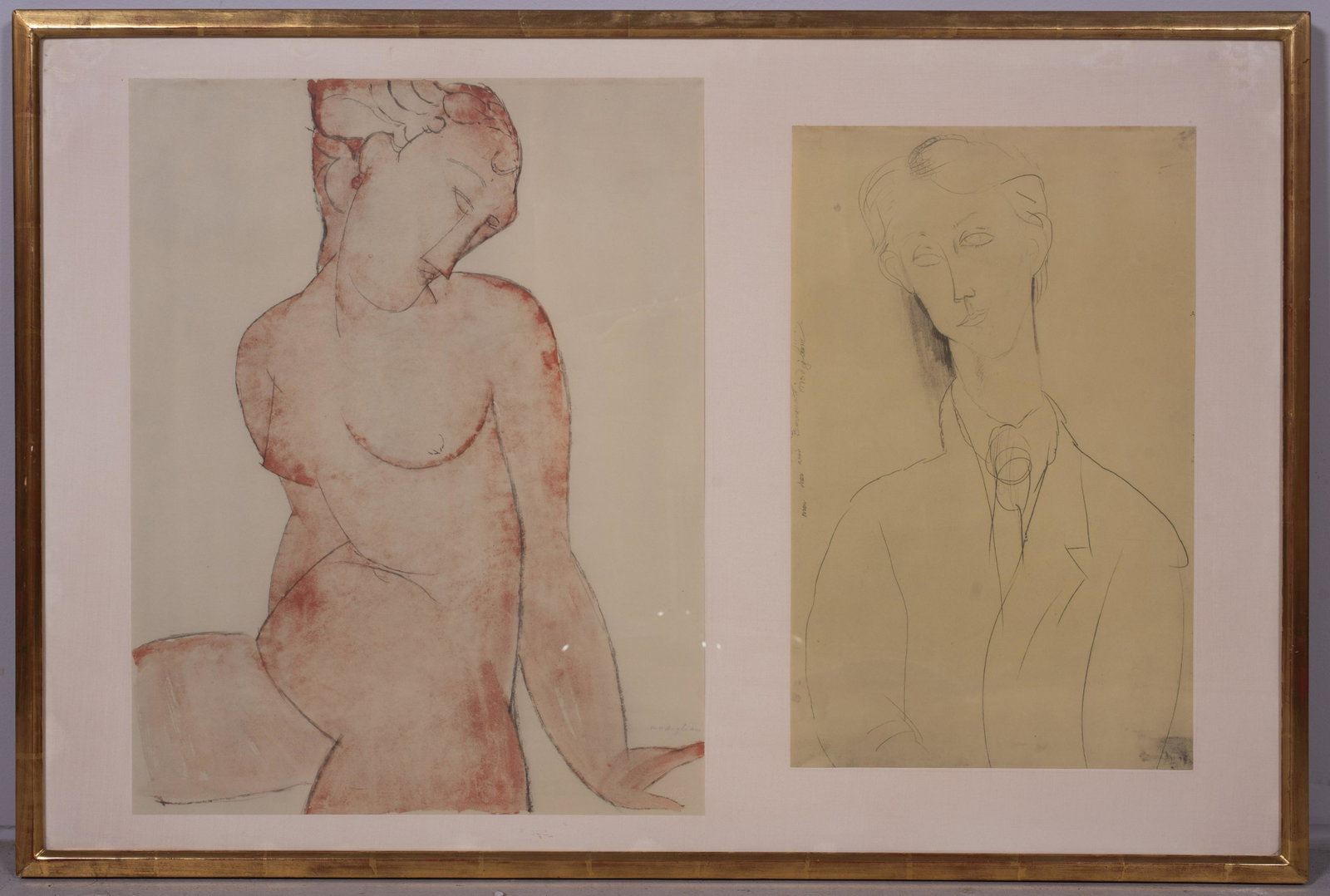 After Modigliani (2) Collotype Prints: After Modigliani (2) collotype prints, each signed in the image, oval blindstamp with goose, custom gilt frame, framed size 25" x 37-1/4", good condition