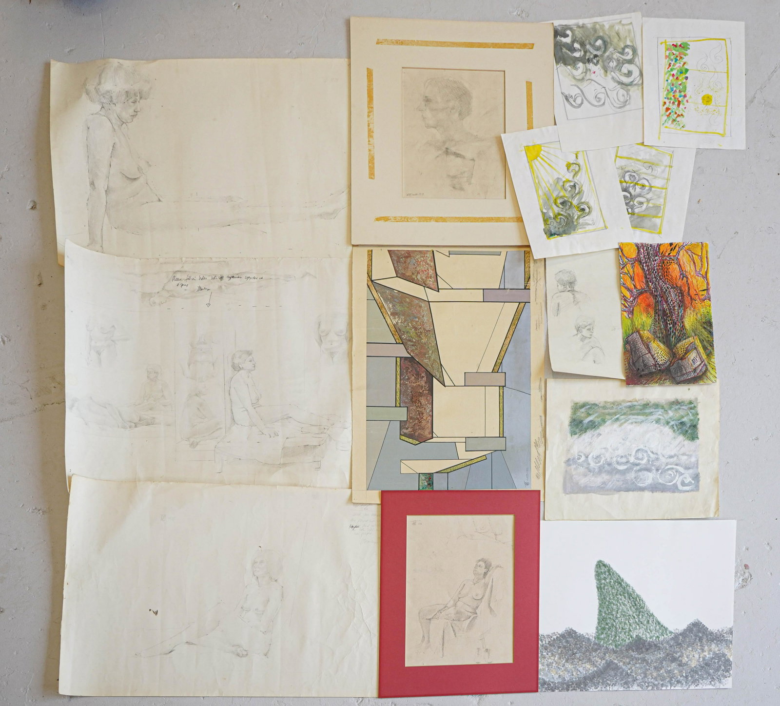 (12) Unframed Drawings and Print: (12) Unframed drawings and print, various artists including Peter Abraham, Joseph Ayers, Jon Elliott and Bob Rontereni, largest sheet size 16-1/2" x 23", drawings in fair to good condition, creases on
