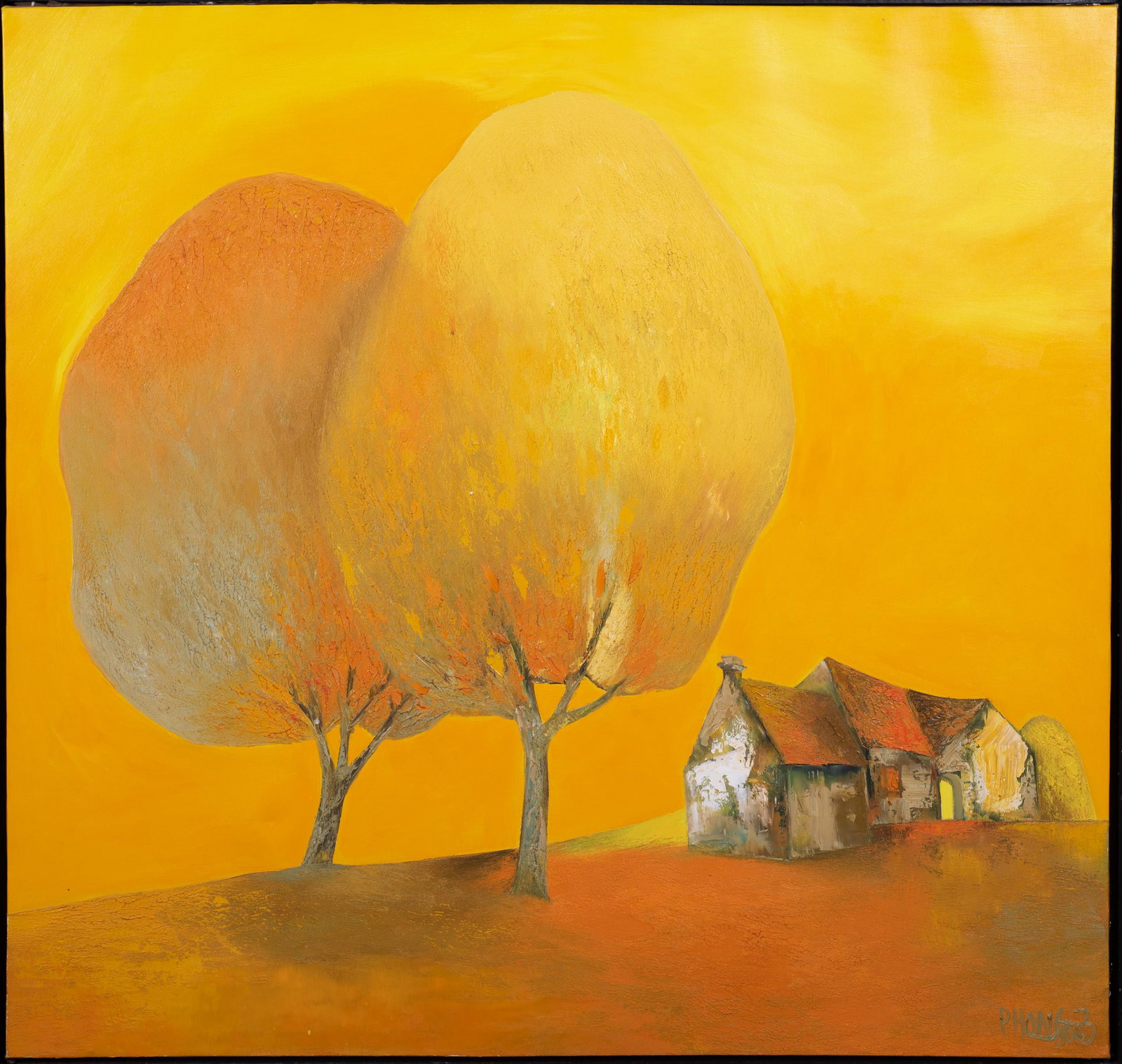 Dao Hai Phong "Yellow Season": Dao Hai Phong, 20th C Vietnamese, "Yellow Season", oil on canvas, signed "Phong 2003", 35" x 37', framed 36-1/2" x 38-1/2", very good condition