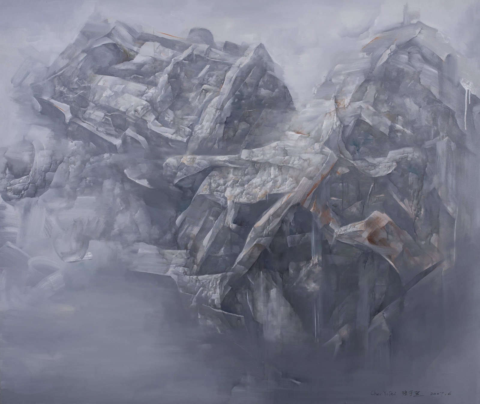 Yufei Chen Abstract Painting "Sudden Stop #1": Yufei Chen (Chinese, b 1962) abstract painting "Sudden Stop #1", oil on canvas, signed "Chen Yufei 2007", 55-3/4" x 65", very good condition