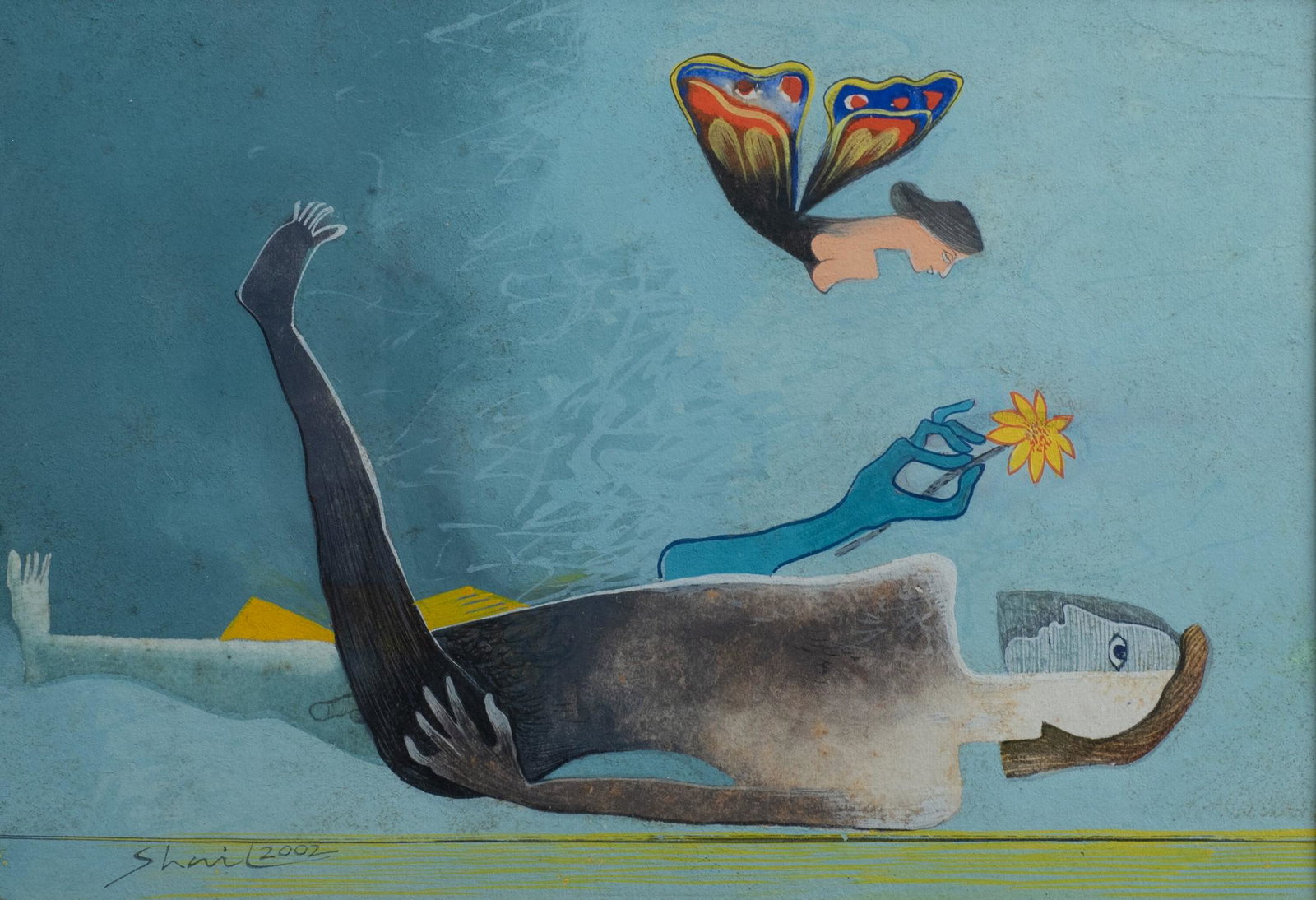 Shail Choyal Painting "Man and Butterfly": Sail Choyal (Indian, b 1945) painting "Man and Butterfly", gouache on paper, signed "Shail 2002", 4-1/2" x 6-1/2", framed 10-5/8" x 13-1/8", very good condition