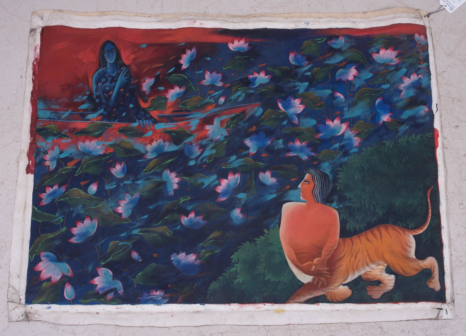 Shail Choyal "Indian Goddess in Garden": Sail Choyal (Indian, b 1945) "Indian Goddess in Garden", oil on canvas, signed "Shail '96", unframed and unstretched, 33-1/2" x 45-1/2", good condition