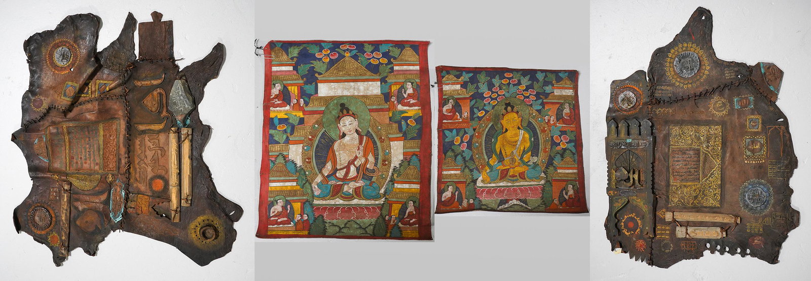 (4) Orientalist Paintings on Leather: (4) Orientalist paintings on leather, (2) Islamic paintings with applied ornamentation and (2) Buddhist paintings, largest measures 31" x 31", fair to good condition