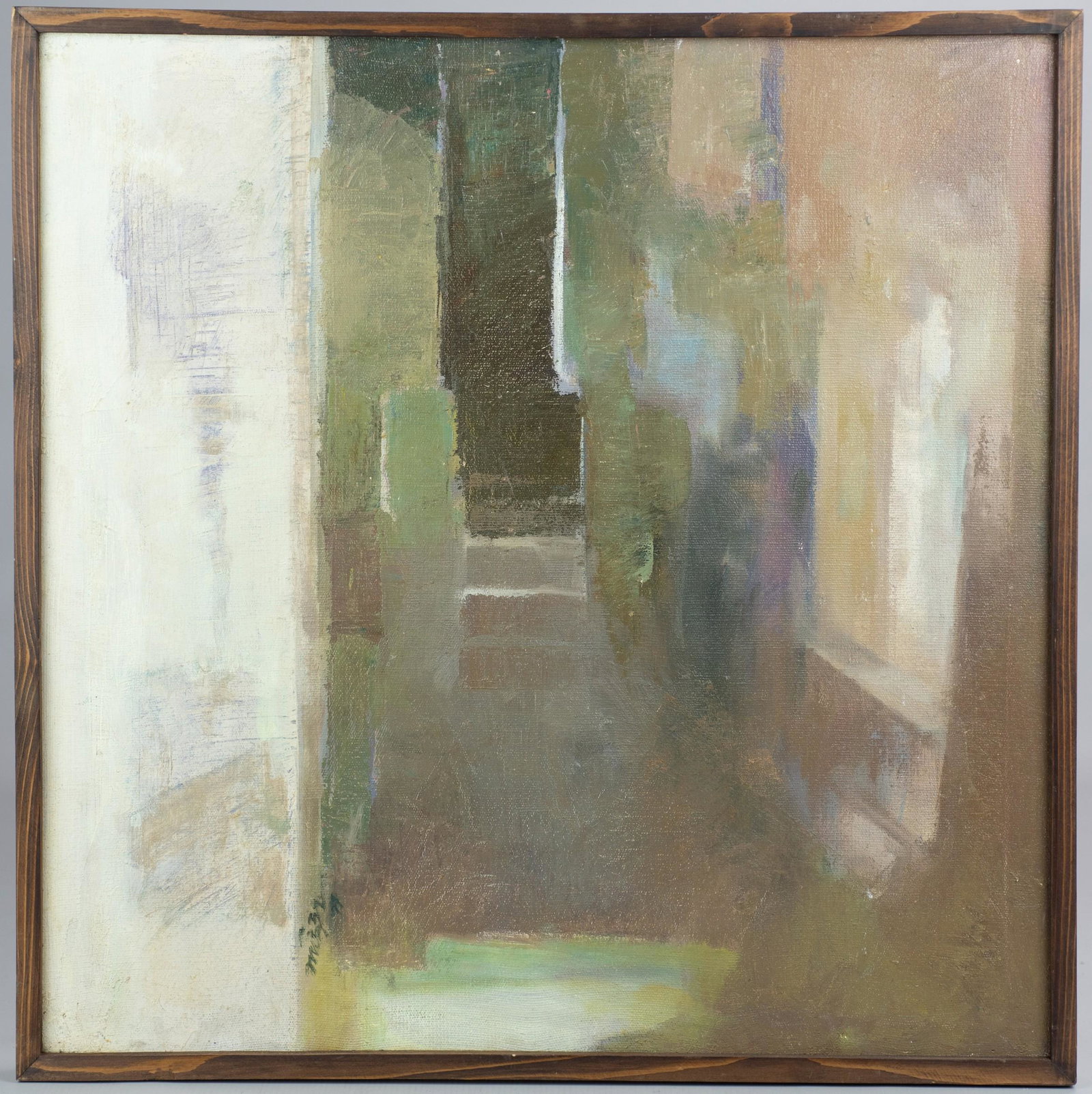 Mussarat Mirza Abstract Painting: Mussarat Mirza (Pakistani, b 1946) abstract painting, oil on canvas signed reverse "Mussarat Mirza '99", 20" x 20", framed 20-3/4" x 20-3/4", good condition