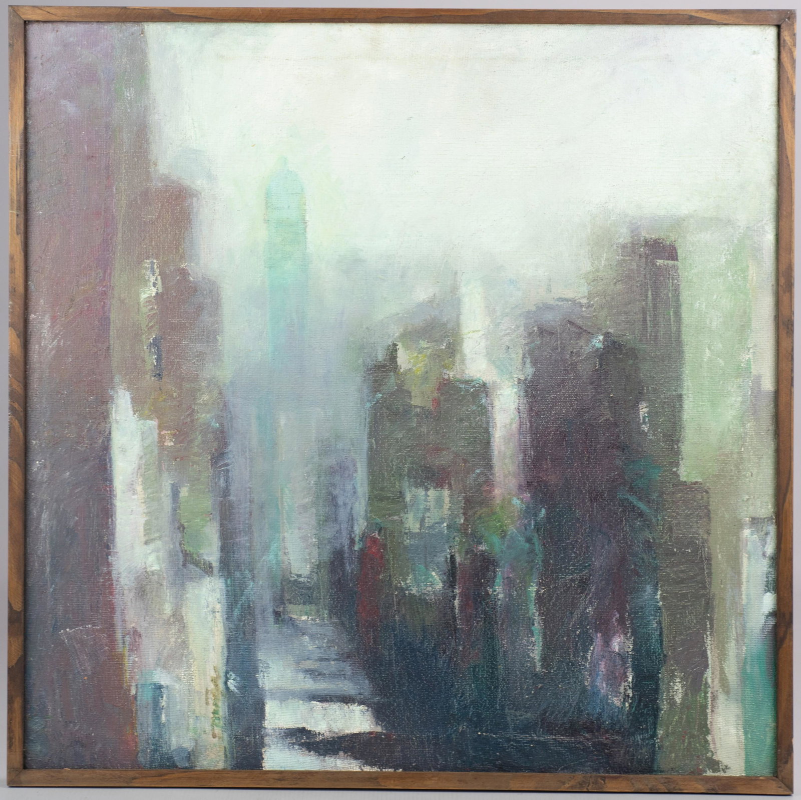 Mussarat Mirza Abstract Painting: Mussarat Mirza (Pakistani, b 1946) abstract painting, oil on canvas signed reverse "Mussarat Mirza '99", 20" x 20", framed 20-3/4" x 20-3/4", good condition