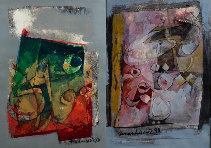 Mashkoor Raza (2) Abstract Paintings: Mashkoor Raza (Pakistani, b 1950), (2) abstract paintings, oil on paper, signed "Mashkoor '98", 16" x 11-1/2" sheet, framed 25" x 20-1/4", good condition