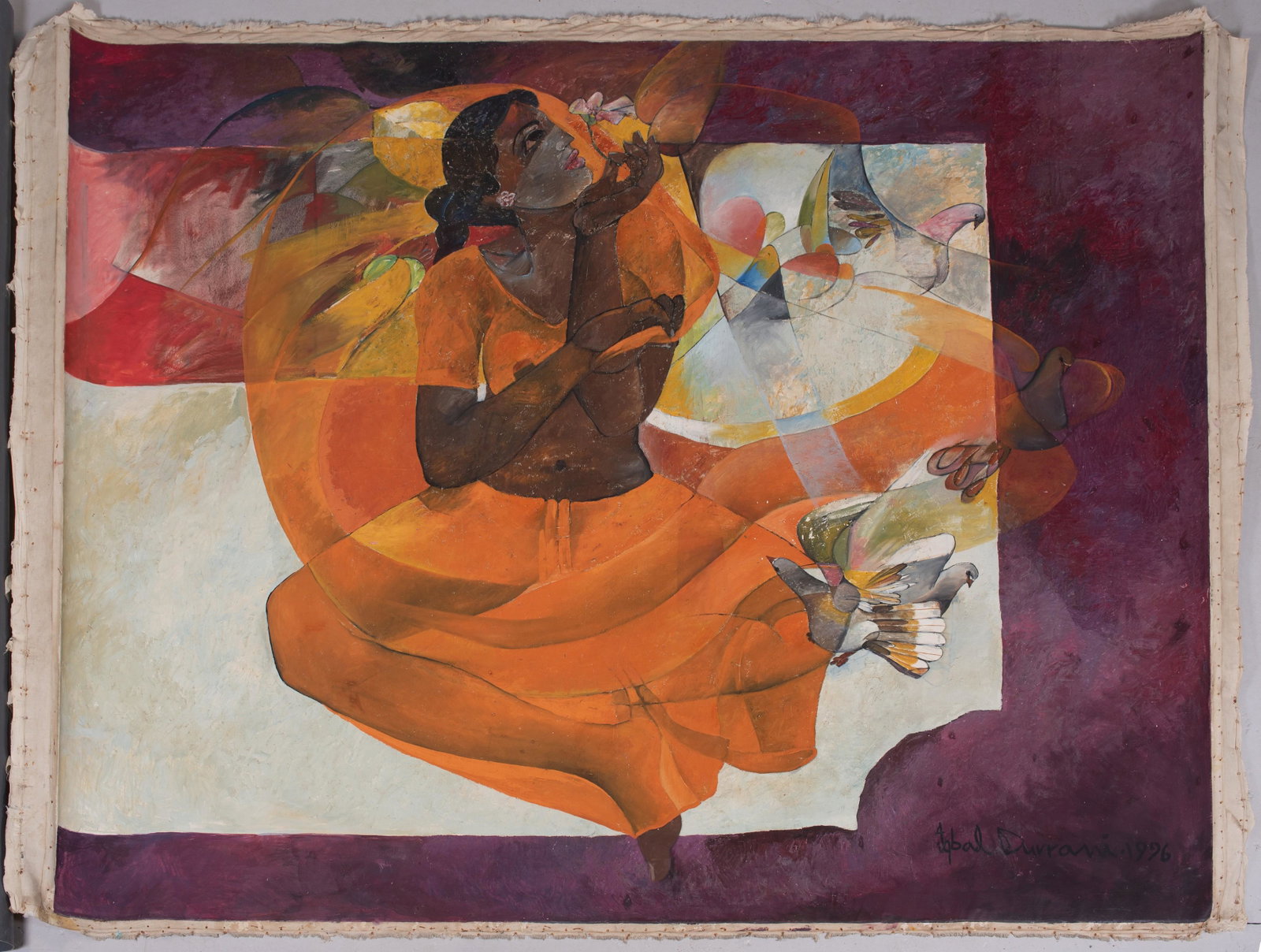 Iqbal Durrani Painting "Girl and Doves": Iqbal Durrani, 20th-21st C Pakistani painting "Girl and Doves", oil on canvas, signed "Iqbal Durrani 1996", unframed and unstretched, 90" x 71", fair condition with paint cracks and flaking