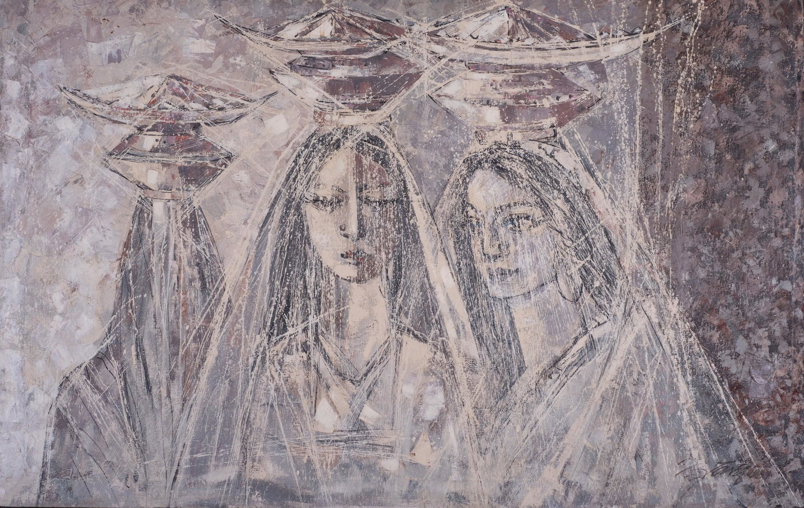Tariq Javed Modern Painting "Two Women": Teriq Javed (Pakistani, b 1952) modern painting "Two Women", acrylic on canvas, signed "Tariq 1989", 30" x 47-1/2", framed 31" x 48-1/2", very good condition