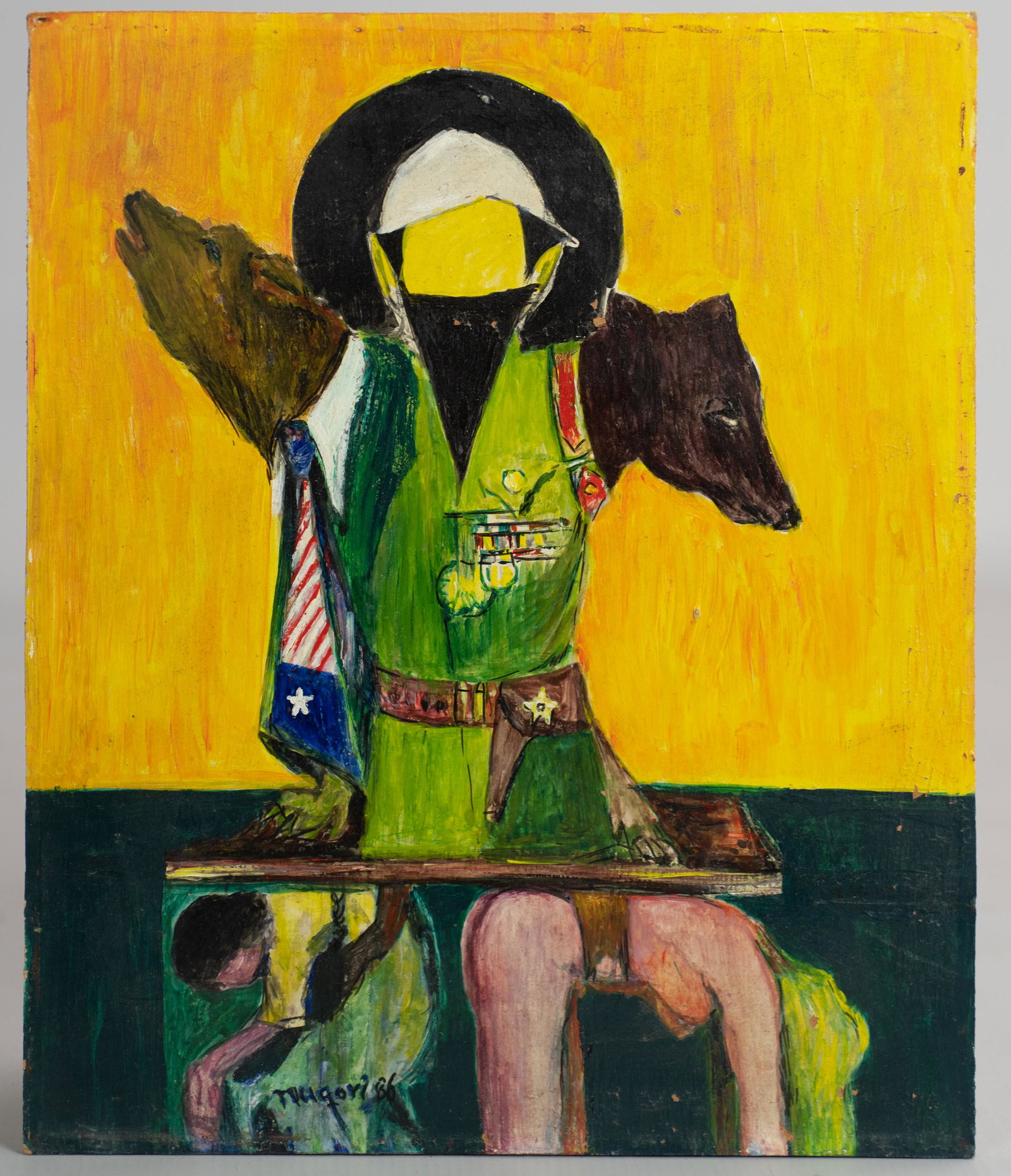 A R Nagori Painting "Dogs in Uniform": A R Nagori (Pakistani, b 1938) painting "Dogs in Uniform", oil on board, signed "Nagori '86", 12" x 10", fair condition, some small paint losses