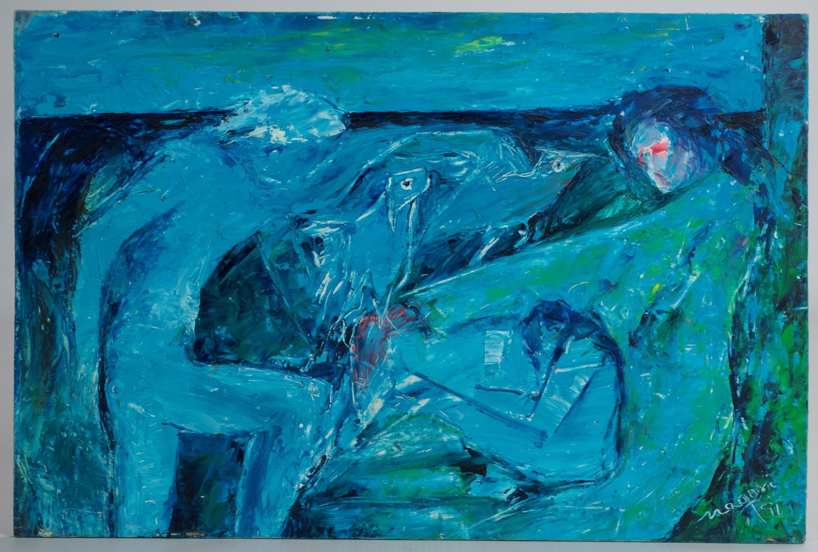 A R Nagori Painting "Saint and Sinners": A R Nagori (Pakistani, b 1938) painting "Saint and Sinners", oil on board, signed "Nagori '91", 10" x 15"