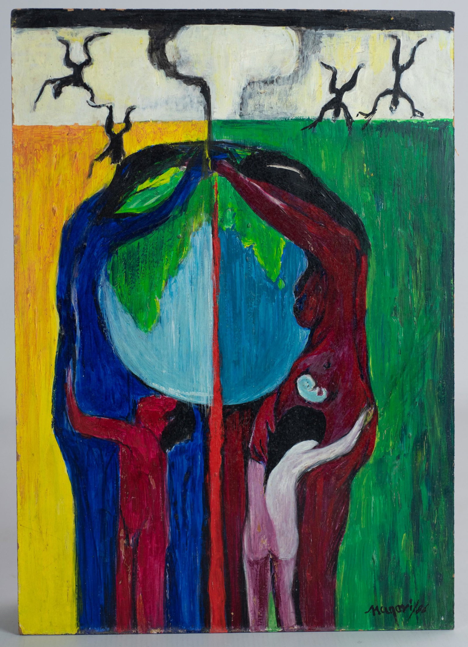 A R Nagori Paitning "Nuclear End": A R Nagori (Pakistani, b 1938) painting "Nuclear End", oil on board, signed "Nagori '86, 14-1/4" x 10", good condition