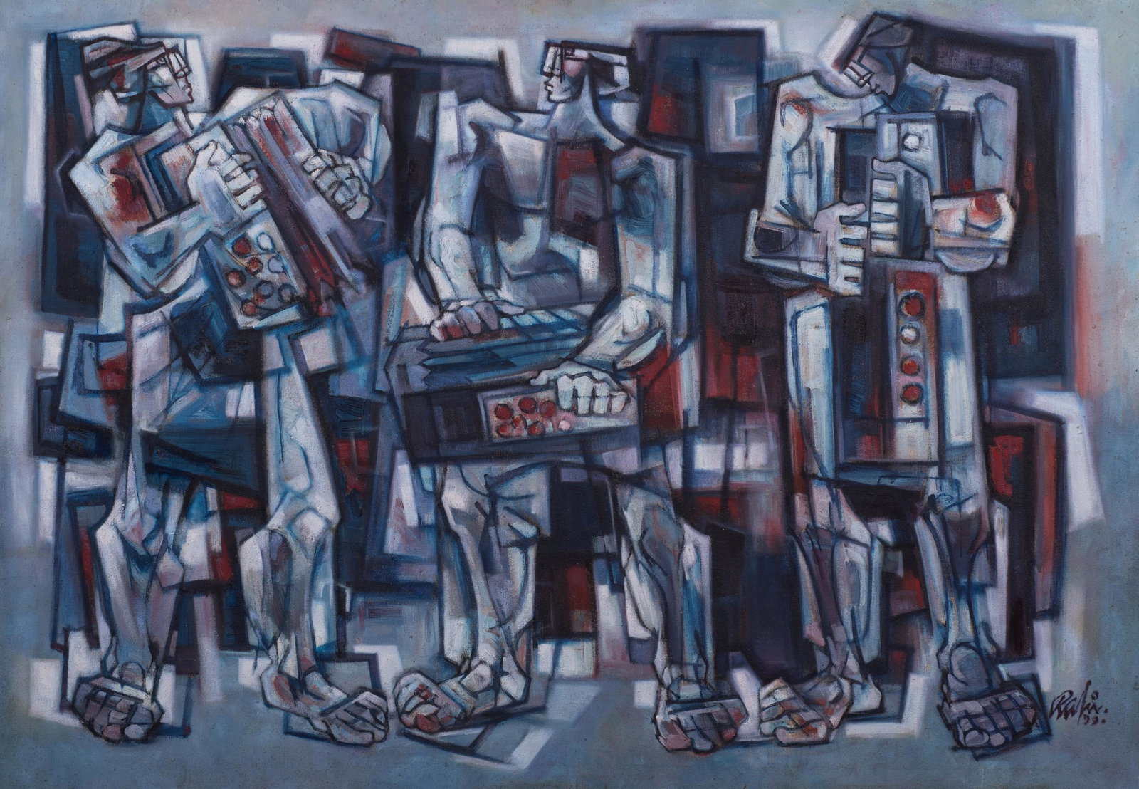 Mansoor Rahi Abstract Figural Painting "Musicians": Manoor Rahi (Pakistani, b 1939) abstract figural paitning "Musicians", oil on canvas, signed "Rahi '99", 34" x 48", framed 36-3/4" x 50-3/4", very good condition