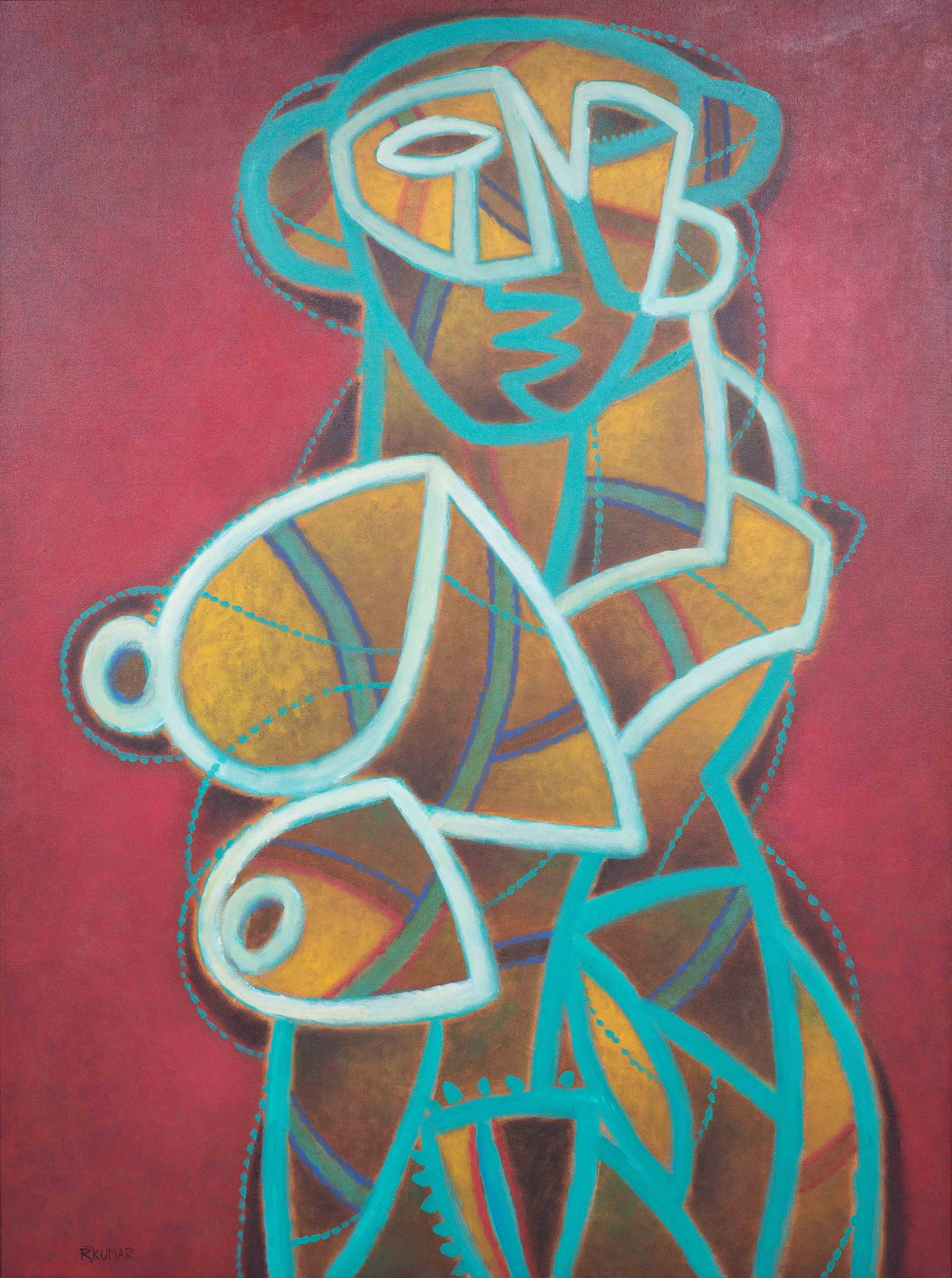 R Kumar Painting "Picassoesque Nude": R Kumar, 20th-21st C Pakistani painting "Picassoesque Nude", oil on canvas, signed "R Kumar", 48" x 36", framed 53" x 40", very good condition